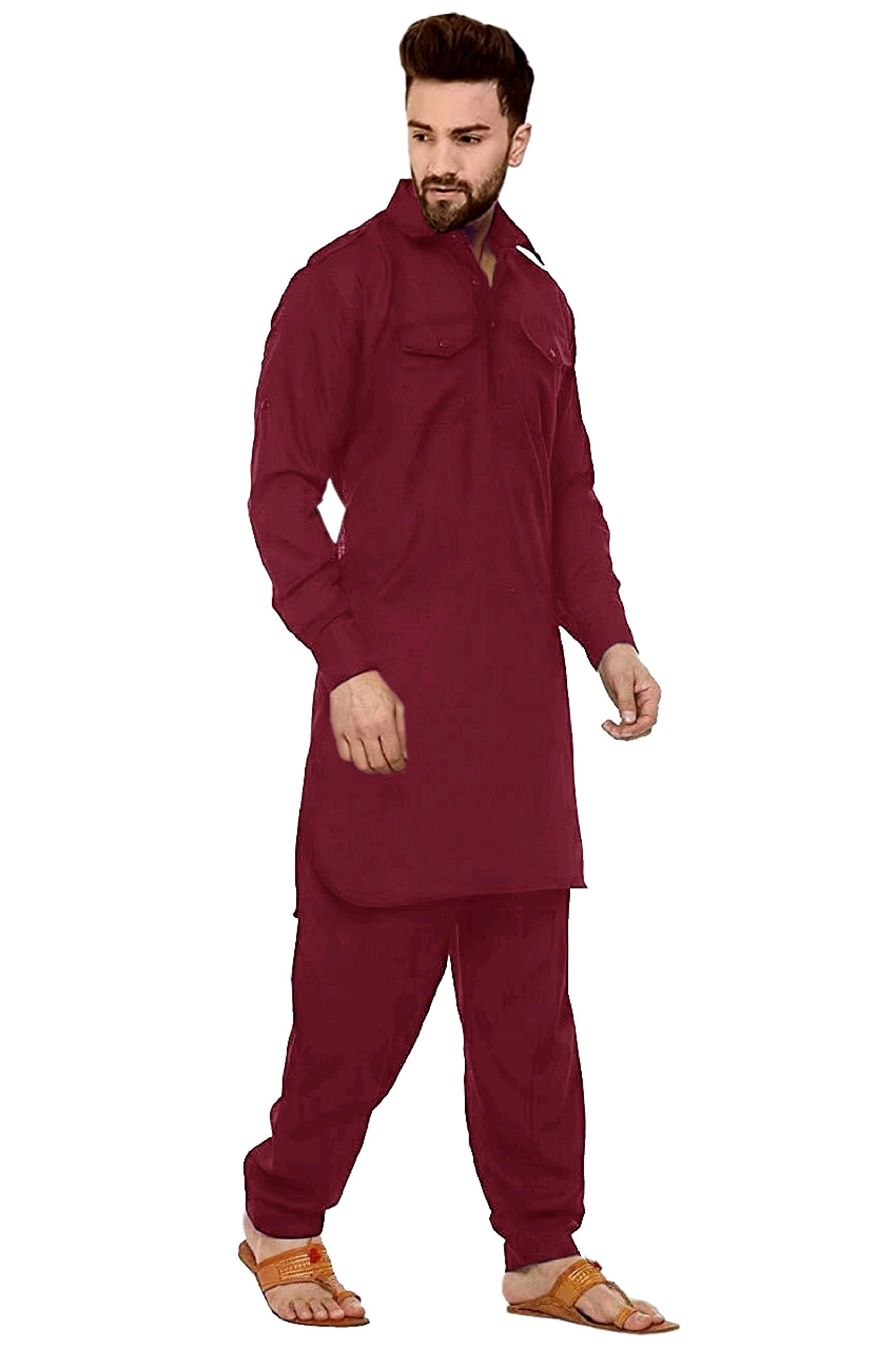 Trustous Pathani Suit Set Cotton for Mens (Kurta + Pyjama) (Maroon, Large), Printed - Image 4