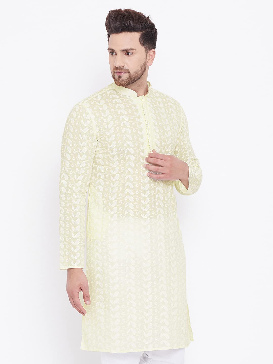 VASTRAMAY Mens Cotton Yellow and White Kurta - Elegance for Festivals & Events_VASMK094YW_42 - Image 4