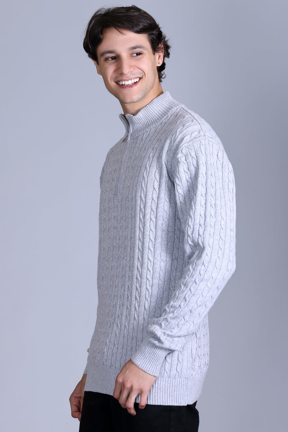 DZANT Wool Blend Mens Sweater for Winter | Premium | Zipper | Cable Knit Design | Full Sleeve | Grey Color | Zip Sweater for Men Korean, Small - Image 3