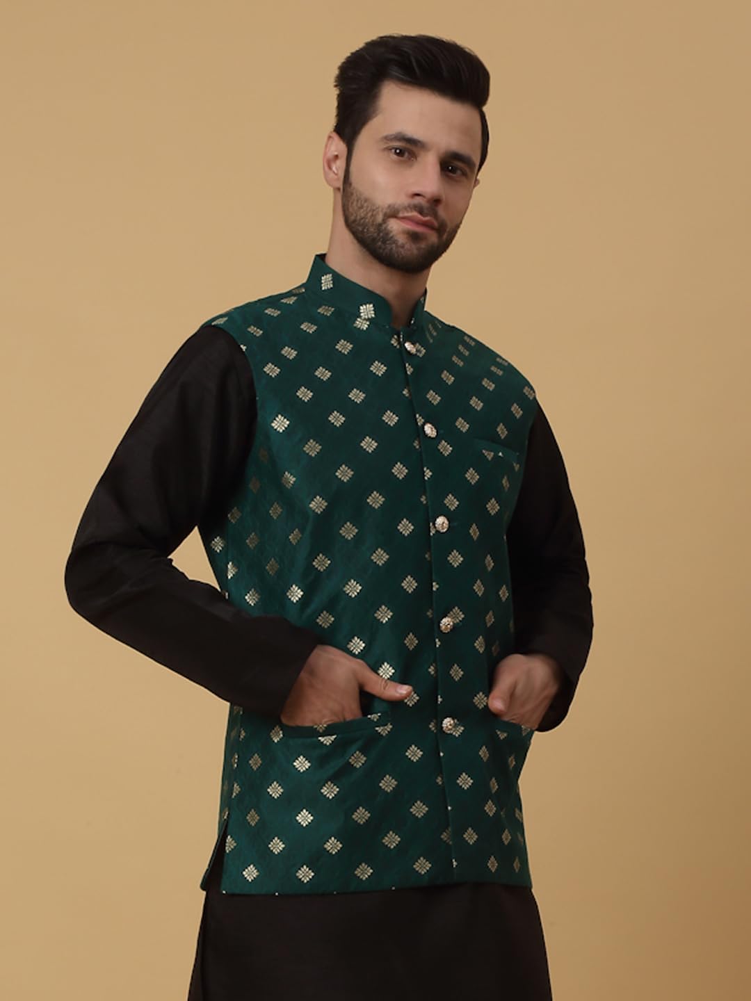KRAFT INDIA Men's Silk Blend Jacquard Sleeveless Gold Print Green Nehru Jacket (Size- Large) - Image 6