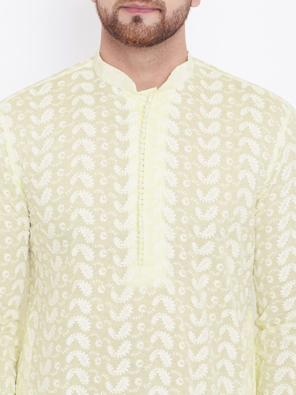 VASTRAMAY Mens Cotton Yellow and White Kurta - Elegance for Festivals & Events_VASMK094YW_42 - Image 3