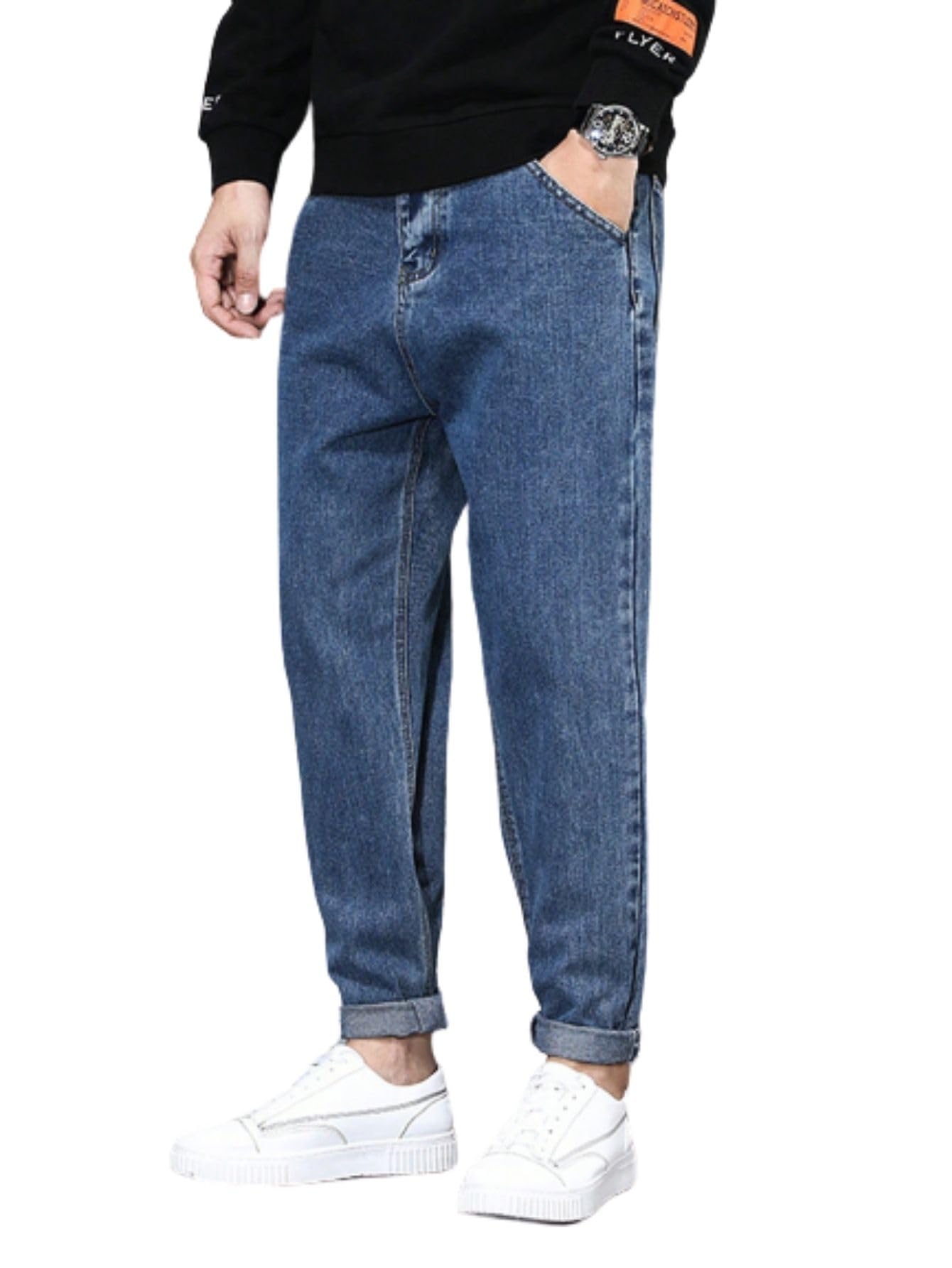 Ben Martin Men's High Rise Tapered Fit Stretchable Size 34 Denim Dark Blue Carrot Fit Jeans Pant for Men 0
