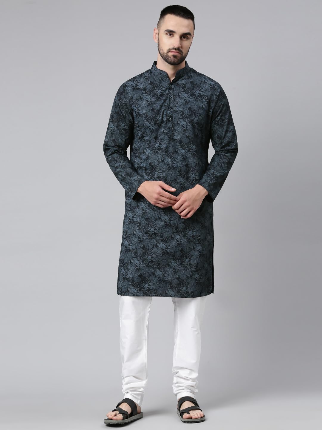 Majestic Man Cotton Mandarin Collar Ethnic Motifs Printed Regular Fit Long Kurta For Men (Large, Navy Blue) - Image 8