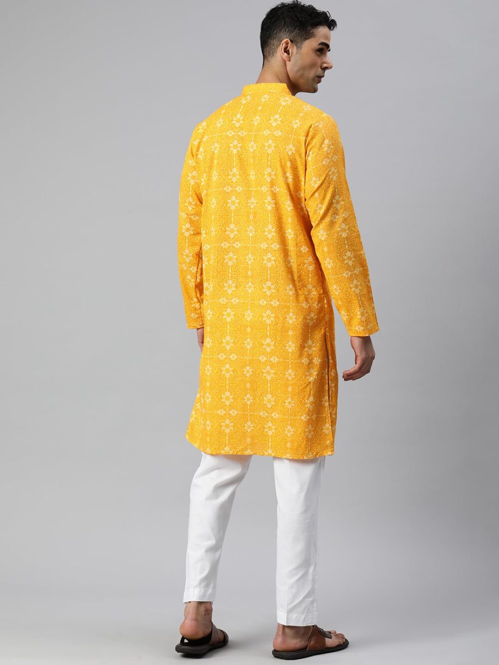 Majestic Man Cotton Mandarin Collar Ethnic Motifs Printed Long Regular Fit Kurta For Men (Small, Haldi, Yellow) - Image 6