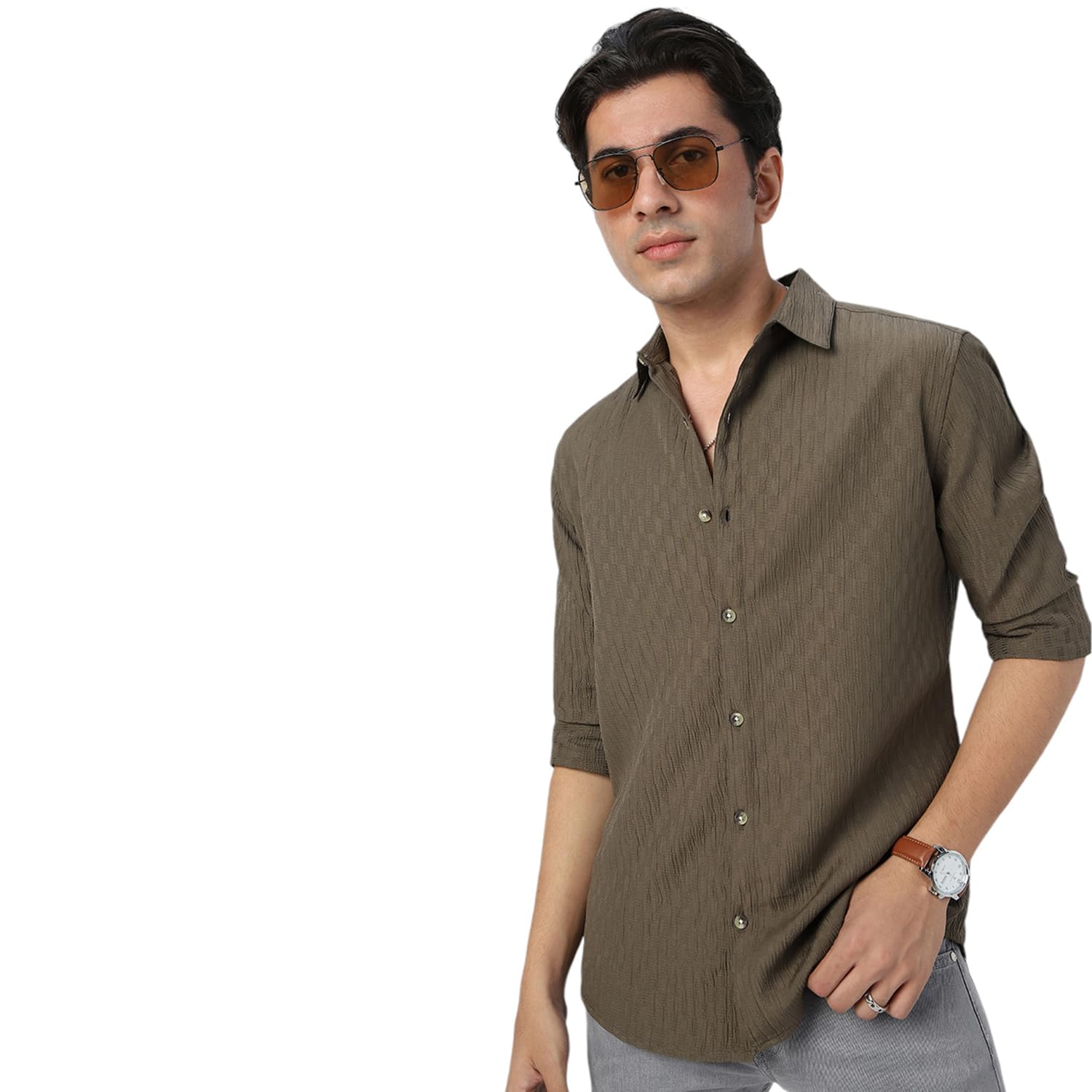 Urbano Fashion Men's Olive Green Cotton Full Sleeve Regular Fit Textured Shirt with Spread Collar (shirtsmocregfs-06-olive-xl)
