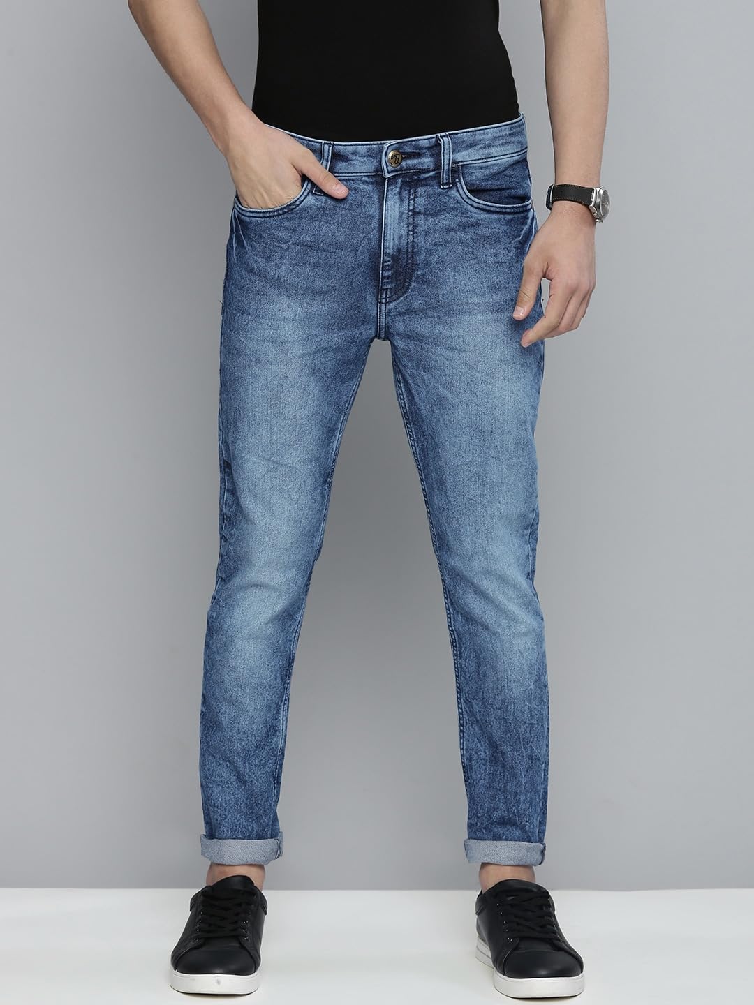 The Indian Garage Co Men Mid Rise Slim Fit Solid Mid-Rise Stretchable Jeans Blue, 32 - Image 8