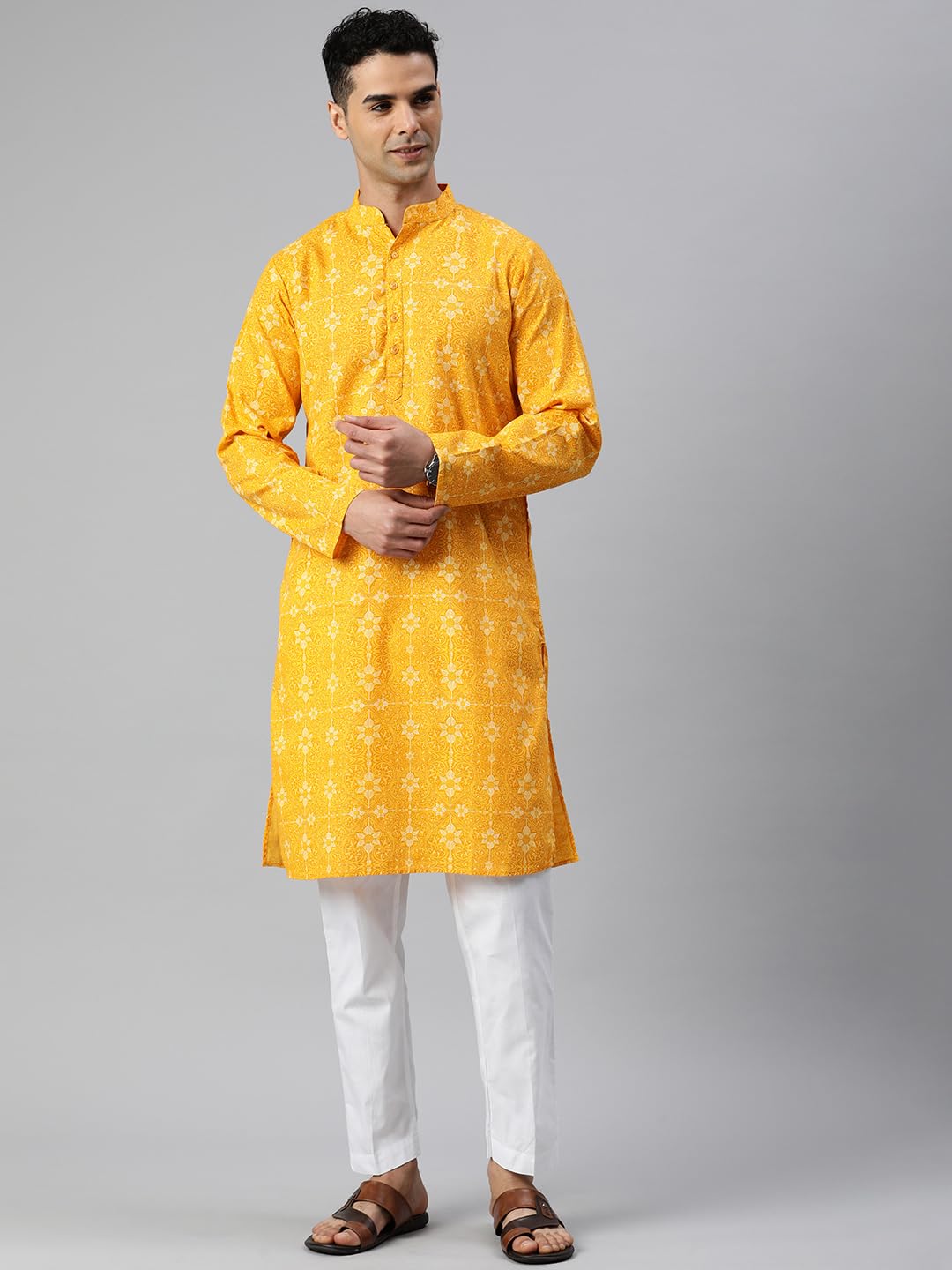 Majestic Man Cotton Mandarin Collar Ethnic Motifs Printed Long Regular Fit Kurta For Men (Small, Haldi, Yellow) - Image 5