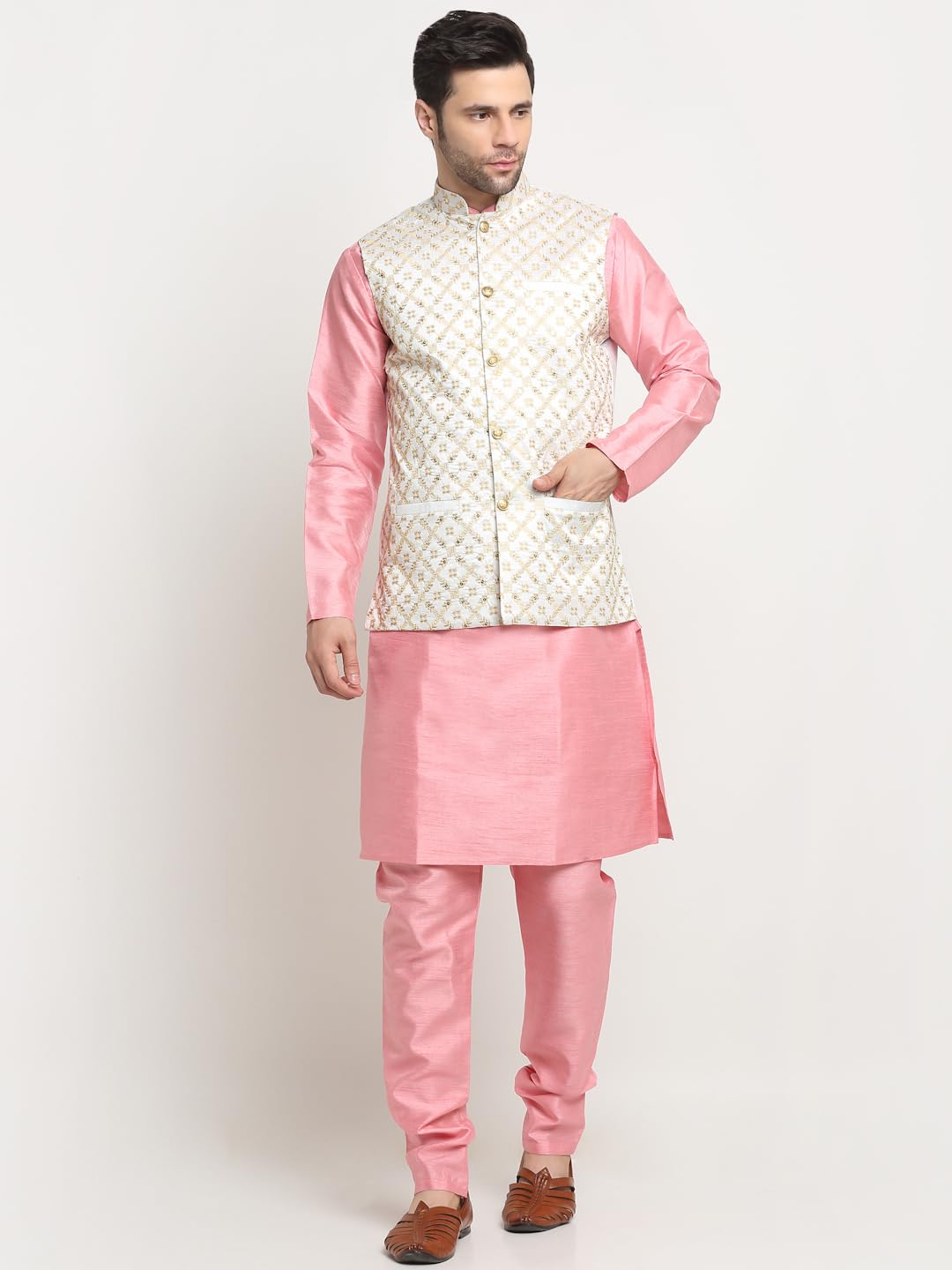 KRAFT INDIA Men's Silk Embroided Zari Cream Nehru Jacket Only - Image 3