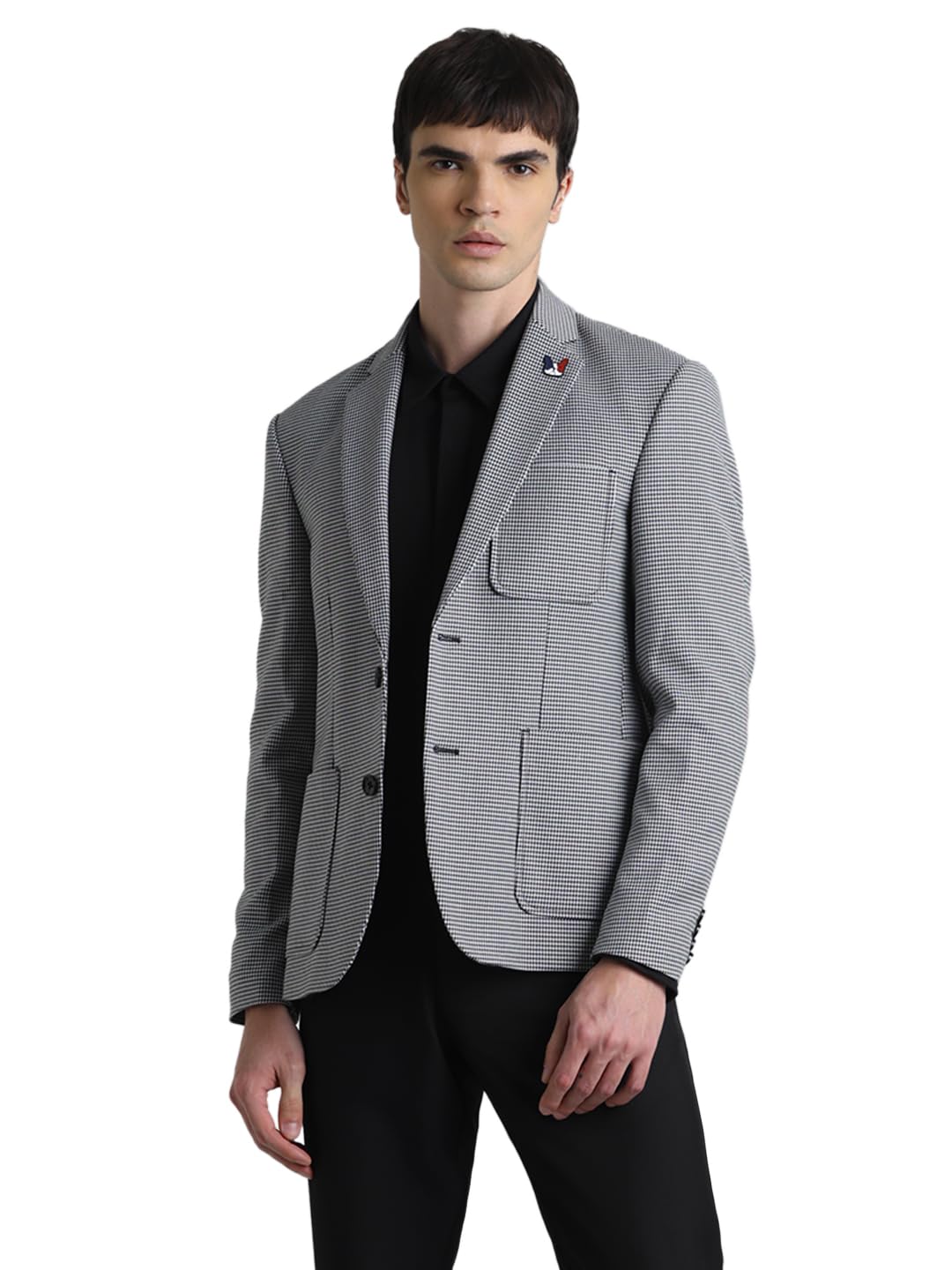 JACK & JONES Men Checks Slim Fit Black Single Breasted Blazer