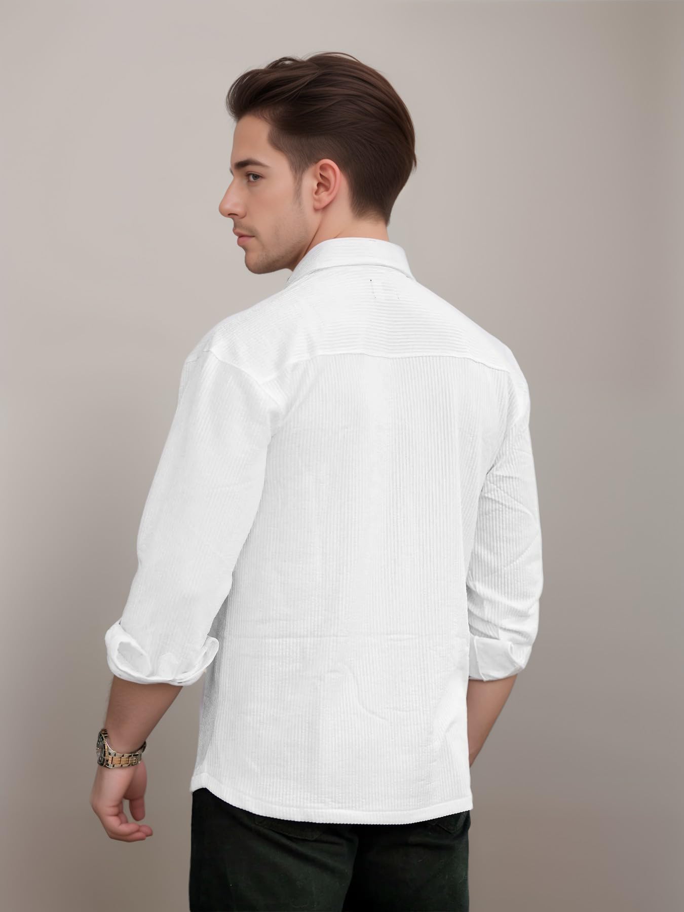 IndoPrimo Men's Regular Fit Fancy Double Pocket Casual Shirt for Men Full Sleeves - Cargo (in, Alpha, 2XL, White) - Image 3