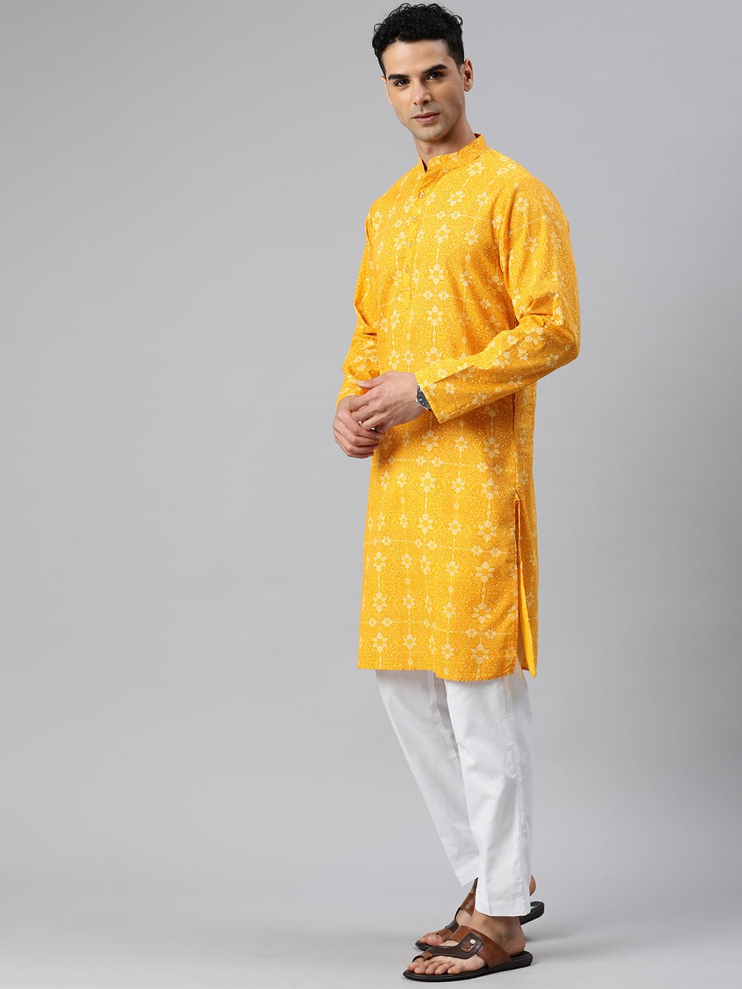 Majestic Man Cotton Mandarin Collar Ethnic Motifs Printed Long Regular Fit Kurta For Men (Small, Haldi, Yellow) - Image 7