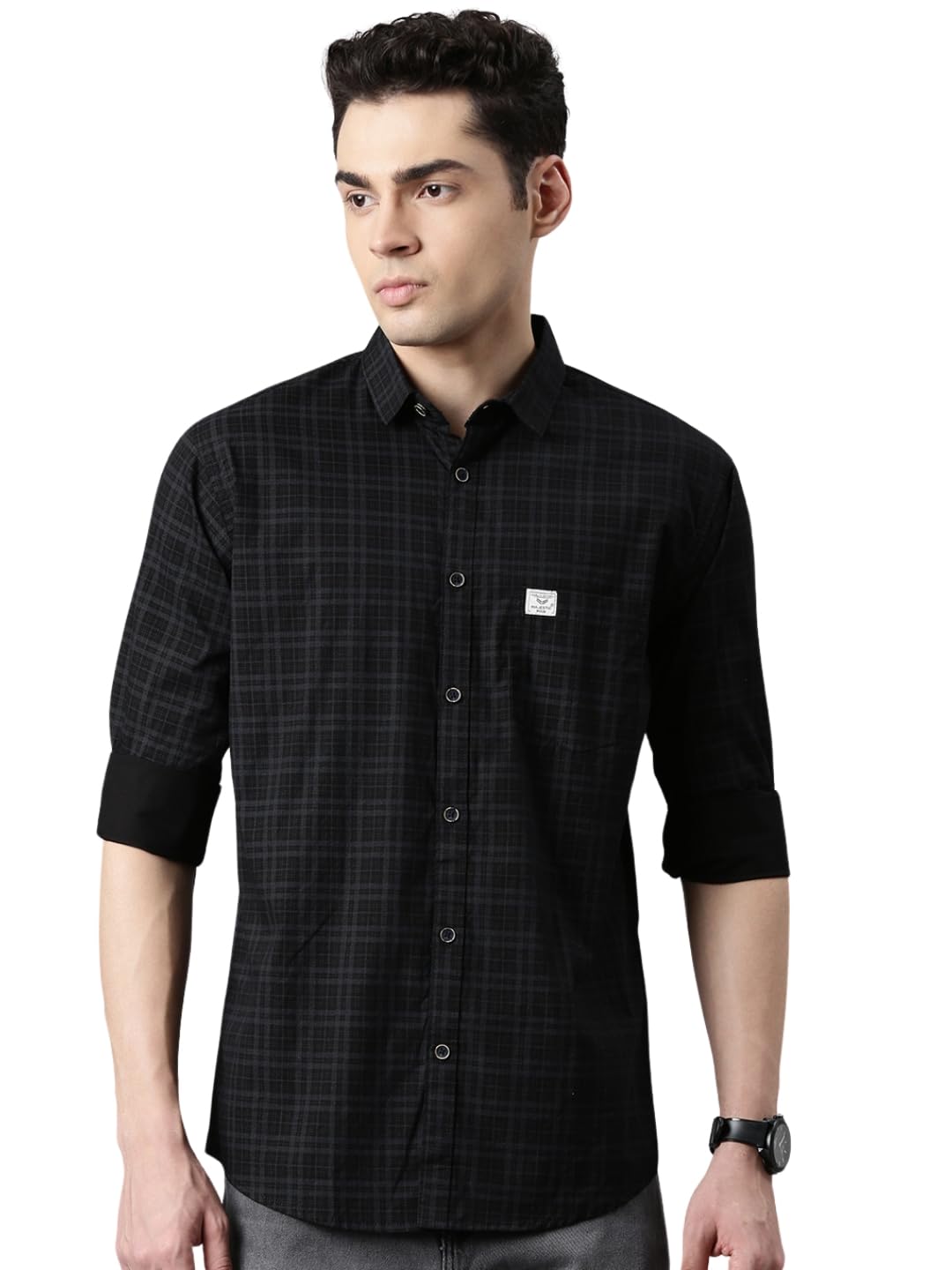 Majestic Man Men Comfort Slim Fit Pure Cotton Opaque Checked Casual Shirt (in, Alpha, XL, Regular, Black)