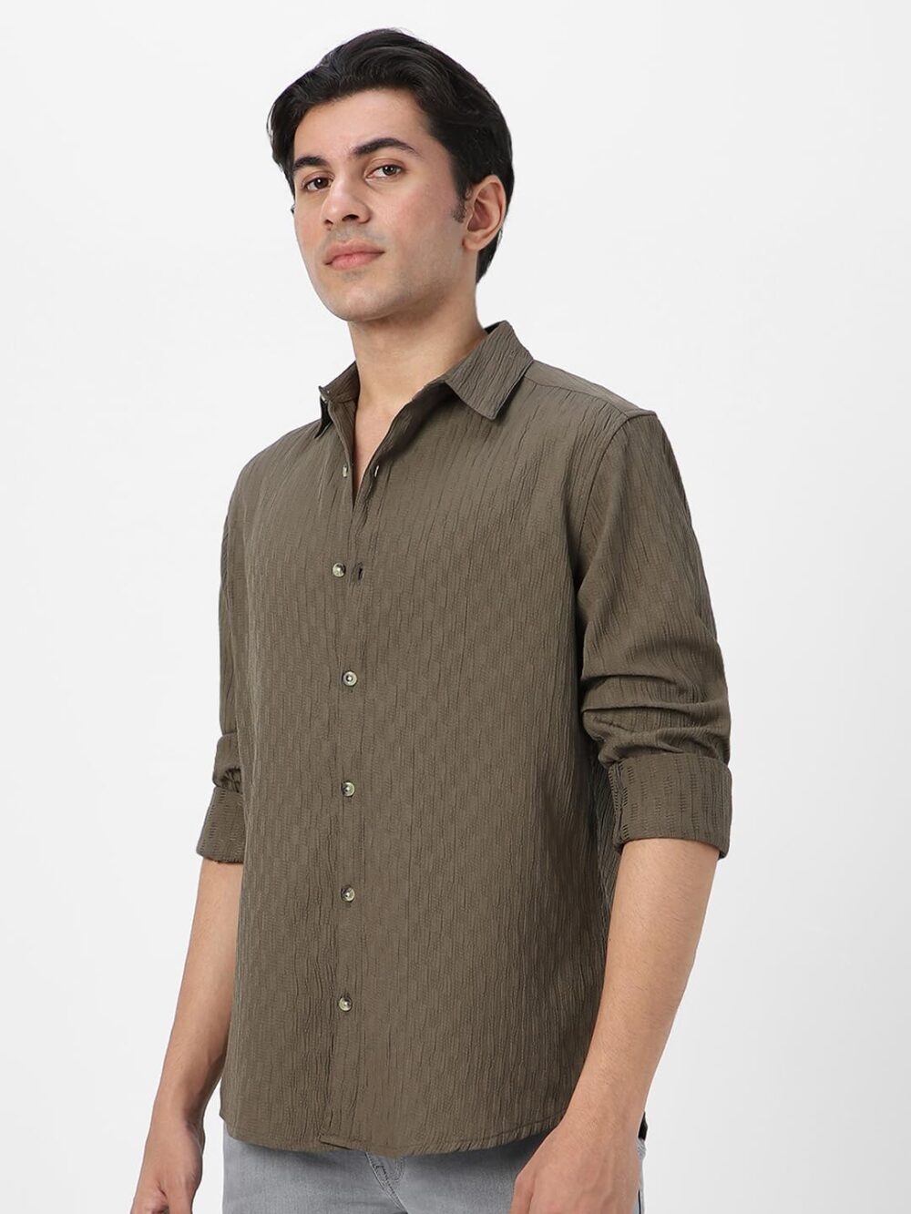 Urbano Fashion Men's Olive Green Cotton Full Sleeve Regular Fit Textured Shirt with Spread Collar (shirtsmocregfs-06-olive-xl) - Image 5