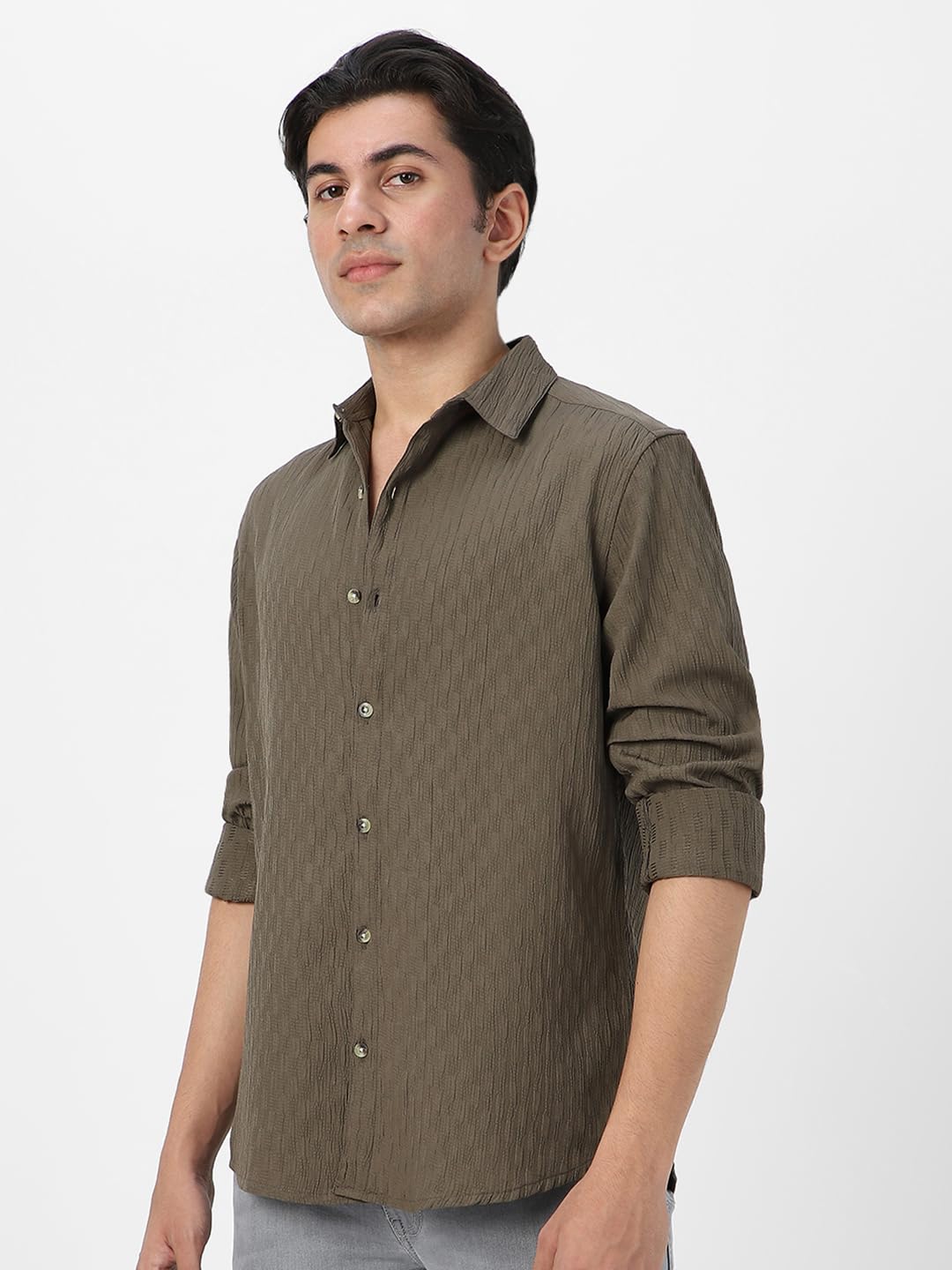 Urbano Fashion Men's Olive Green Cotton Full Sleeve Regular Fit Textured Shirt with Spread Collar (shirtsmocregfs-06-olive-xl) - Image 5