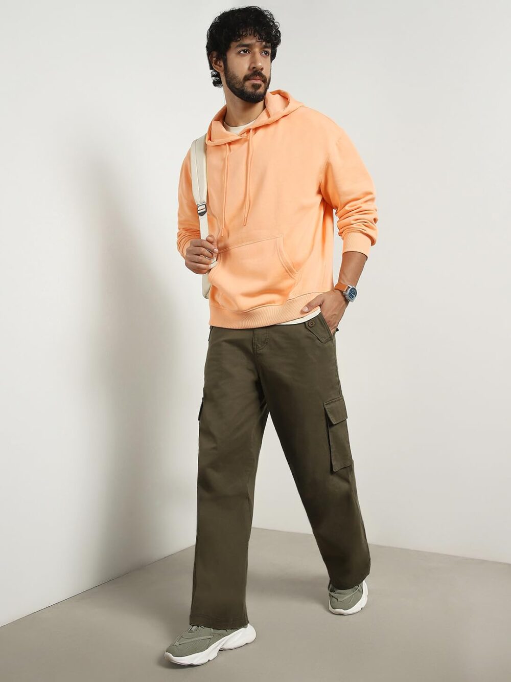 NOBERO Men's Cotton Blend Neck Hooded Oversized Fit Sweatshirt (1M-TWHO-R0041_Peach Fuzz_Medium) - Image 7