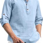 Zombom Cotton Blend Solid Casual Regular Fit Mandarin/Chinese Collor Short Kurta for Men Sky Blue