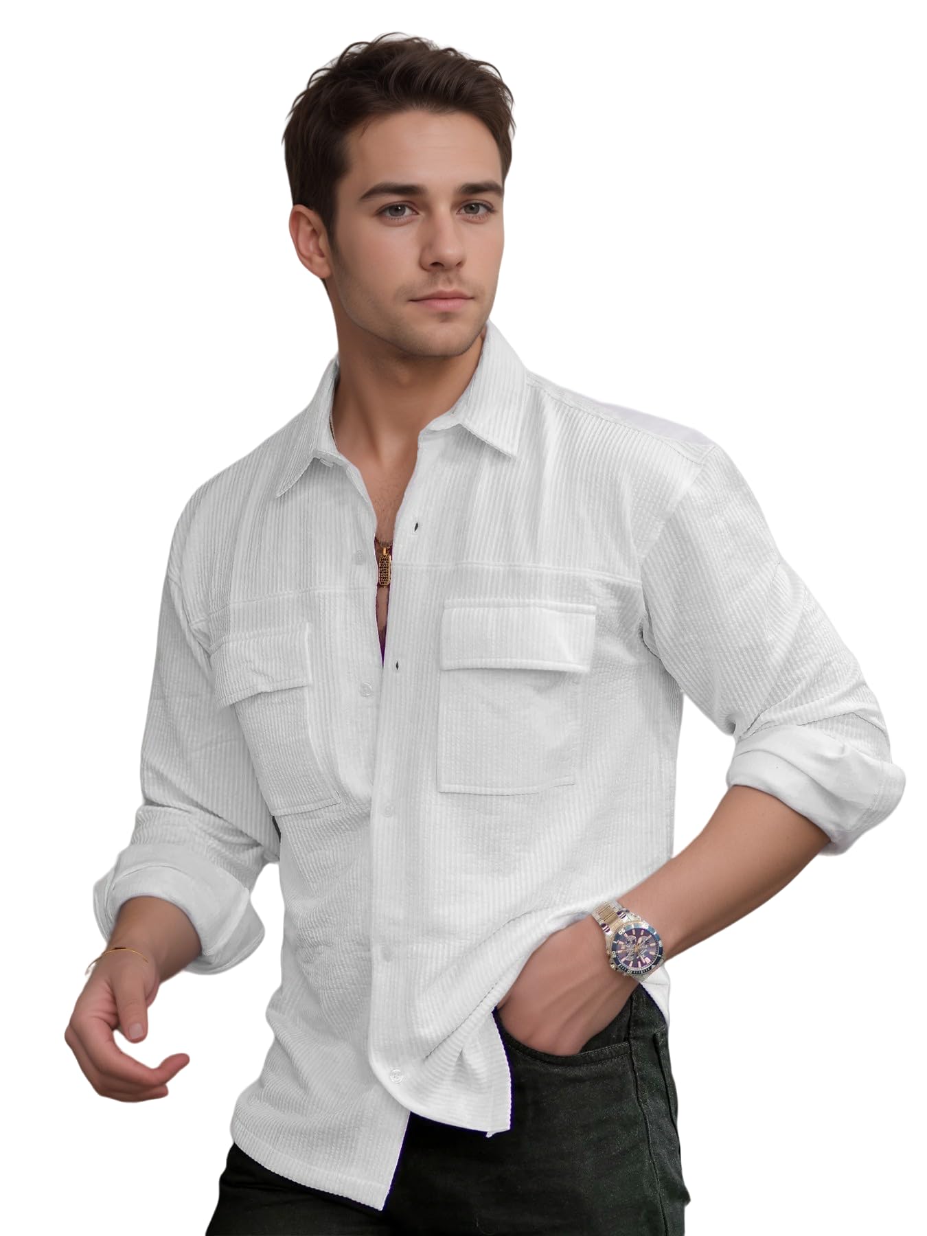 IndoPrimo Men's Regular Fit Fancy Double Pocket Casual Shirt for Men Full Sleeves - Cargo (in, Alpha, 2XL, White)