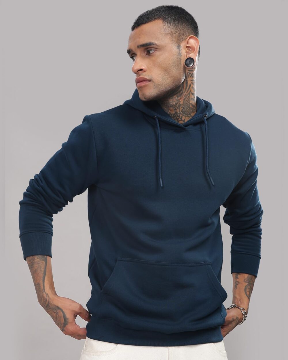 ADRO Men's Cotton Neck Hooded Sweatshirt (H24-M-PLN-SB_Teal - Image 5