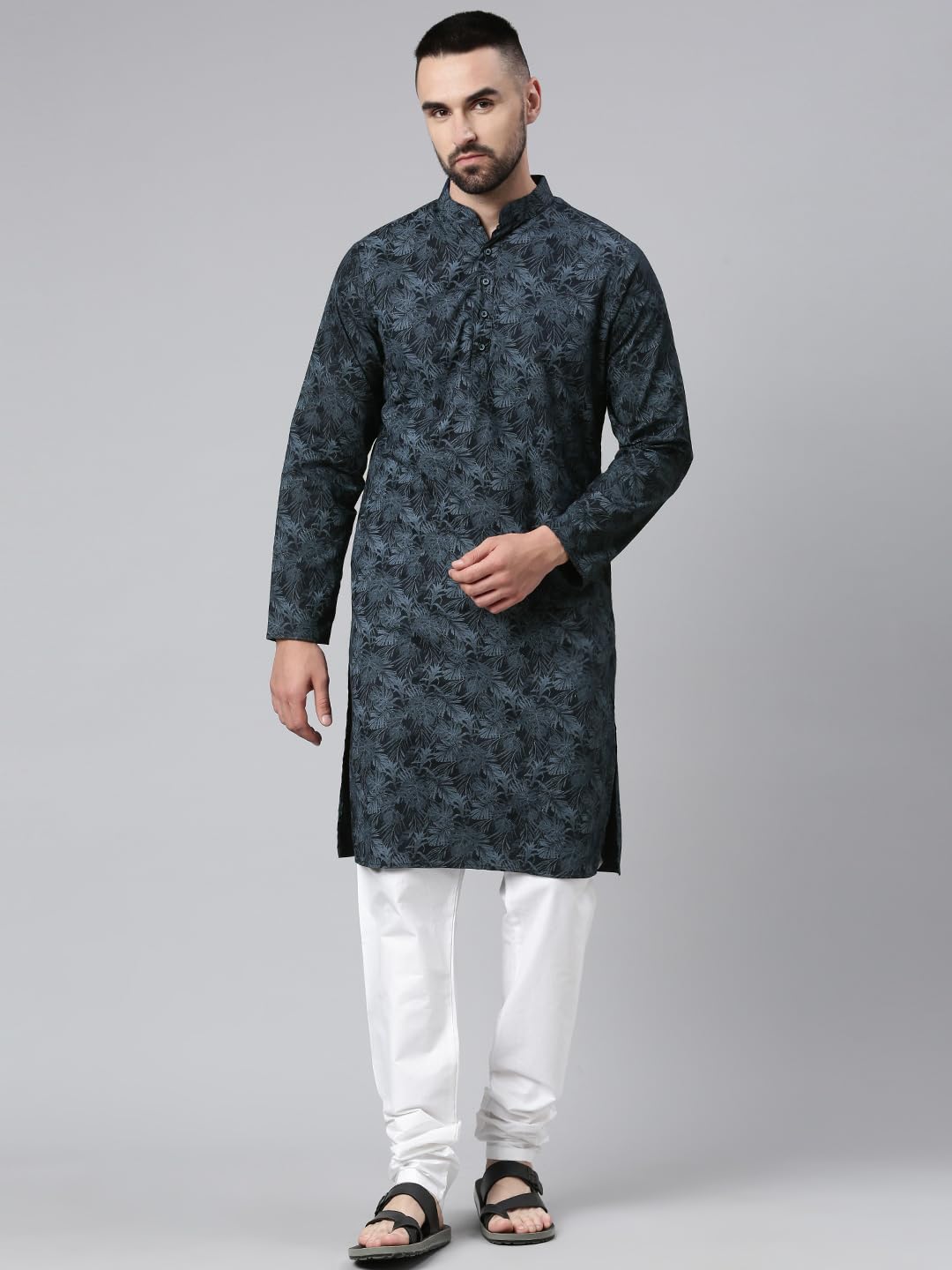 Majestic Man Cotton Mandarin Collar Ethnic Motifs Printed Regular Fit Long Kurta For Men (Large, Navy Blue) - Image 5