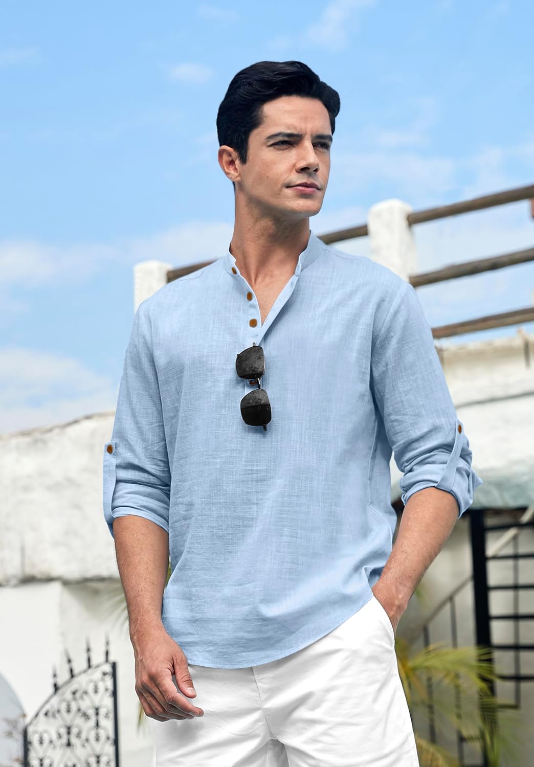 Zombom Cotton Blend Solid Casual Regular Fit Mandarin/Chinese Collor Short Kurta for Men Sky Blue - Image 5