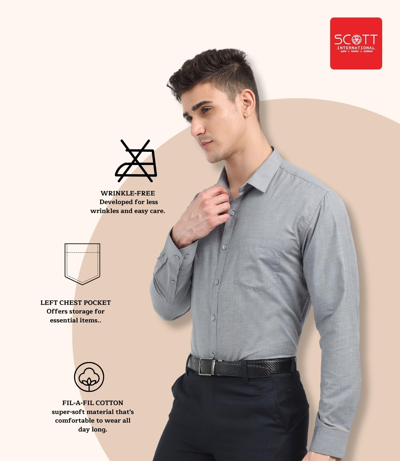 Scott International Shirt for Men, Solid Full Sleeves Shirt, Wrinkle Free Mens Shirts, Cotton Formal Shirts, Regular Fit Stylish Mens Shirt, Plain Formal Shirts for Men Grey - Image 5