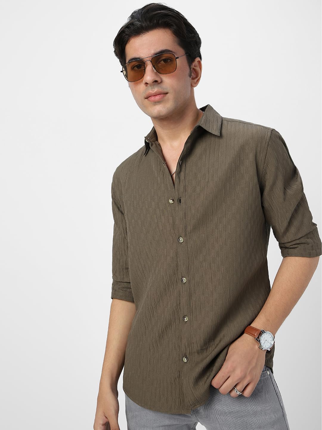 Urbano Fashion Men's Olive Green Cotton Full Sleeve Regular Fit Textured Shirt with Spread Collar (shirtsmocregfs-06-olive-xl) - Image 6