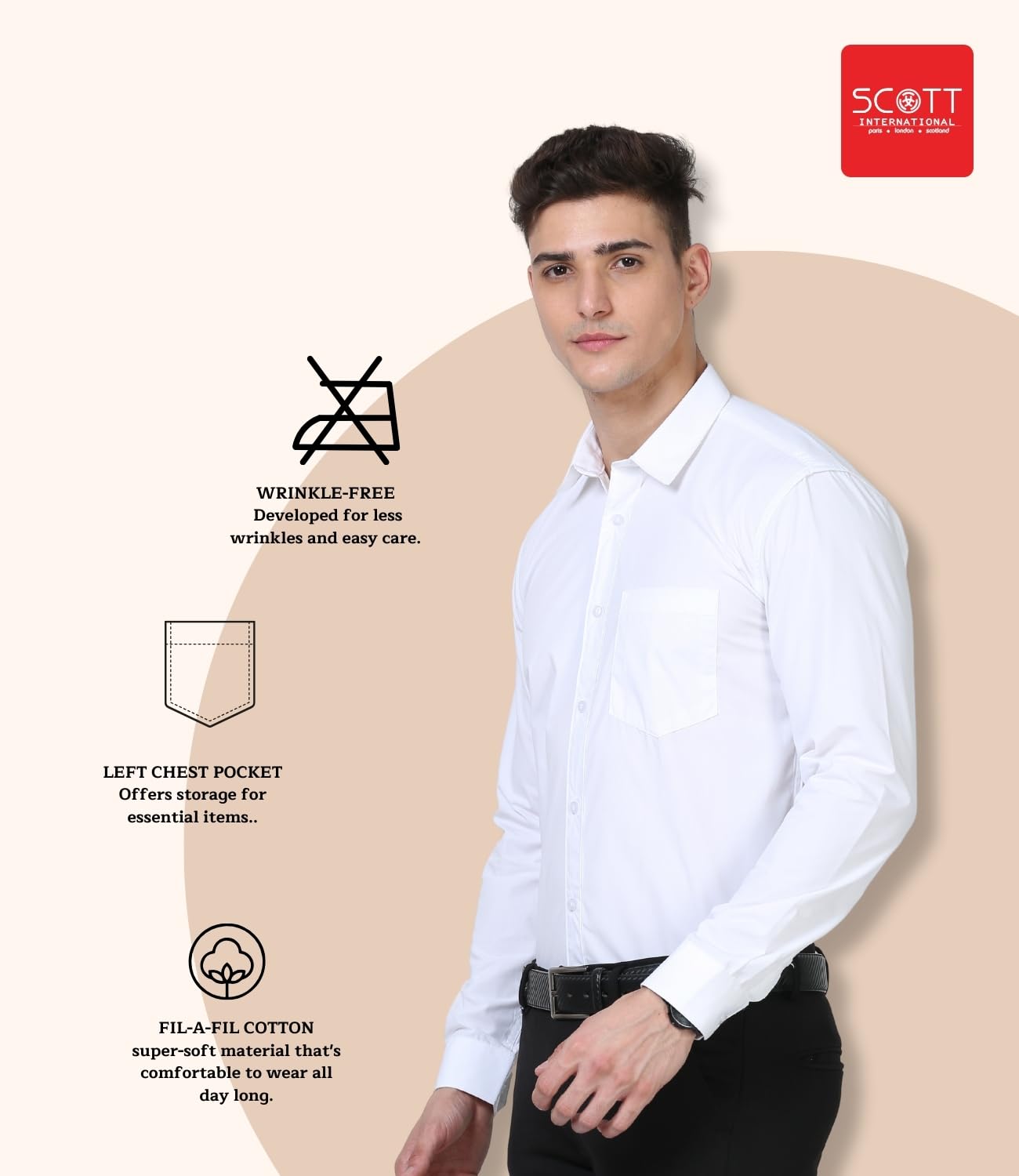 Scott International Shirt for Men, Solid Full Sleeves Shirt, Wrinkle Free Mens Shirts, Cotton Formal Shirts, Regular Fit Stylish Mens Shirt, Plain Formal Shirts for Men White - Image 5