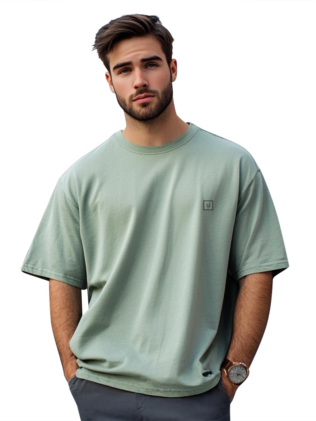 Urbano Fashion Men's Granite Green Solid Round Neck Oversized Half Sleeve Cotton T-Shirt (ovstsol-gtgrn-l)