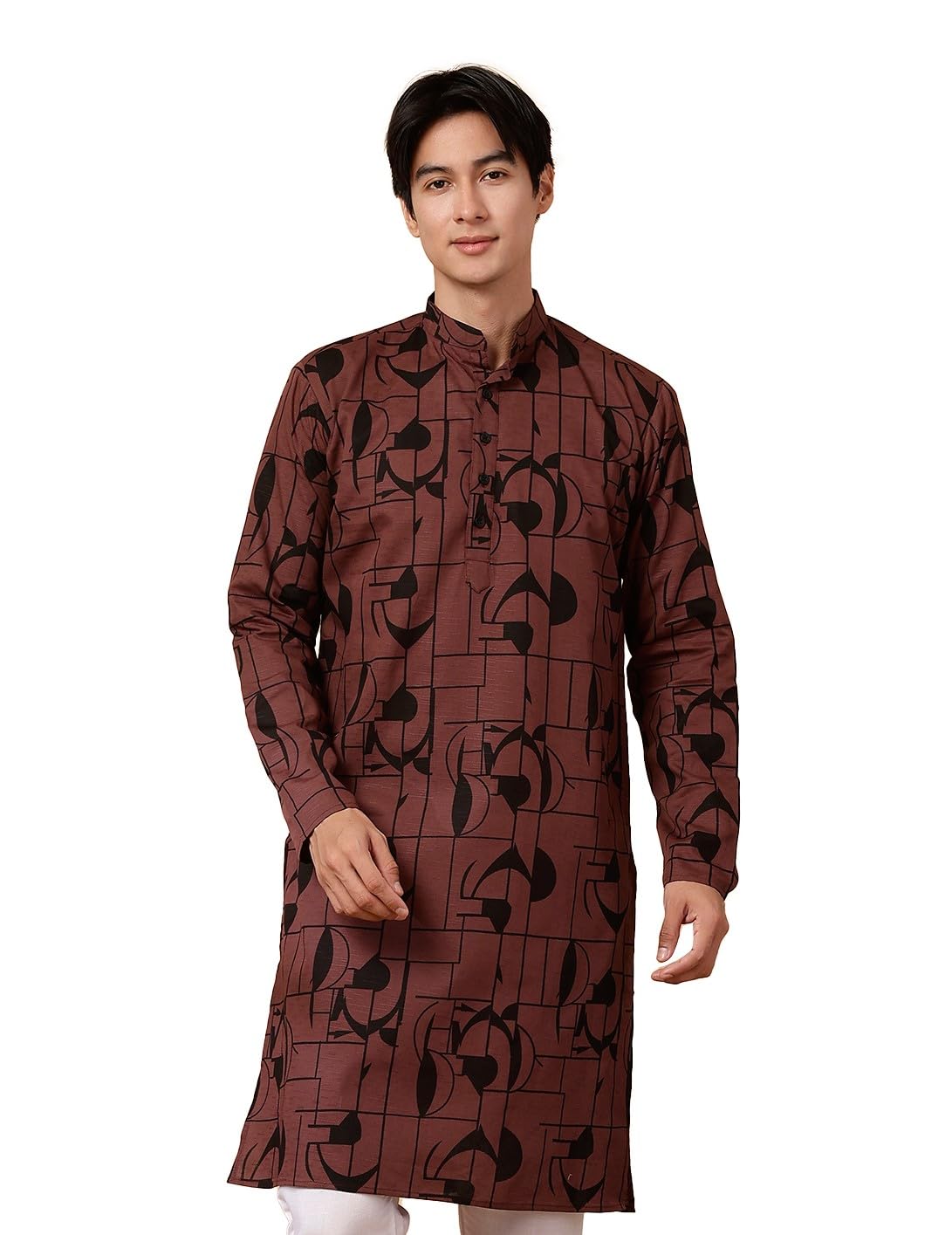 Majestic Man Men Cotton Regular Fit Mandarin Collar Ethnic Motifs Printed Kurta (Dusty Wine, X-Large)