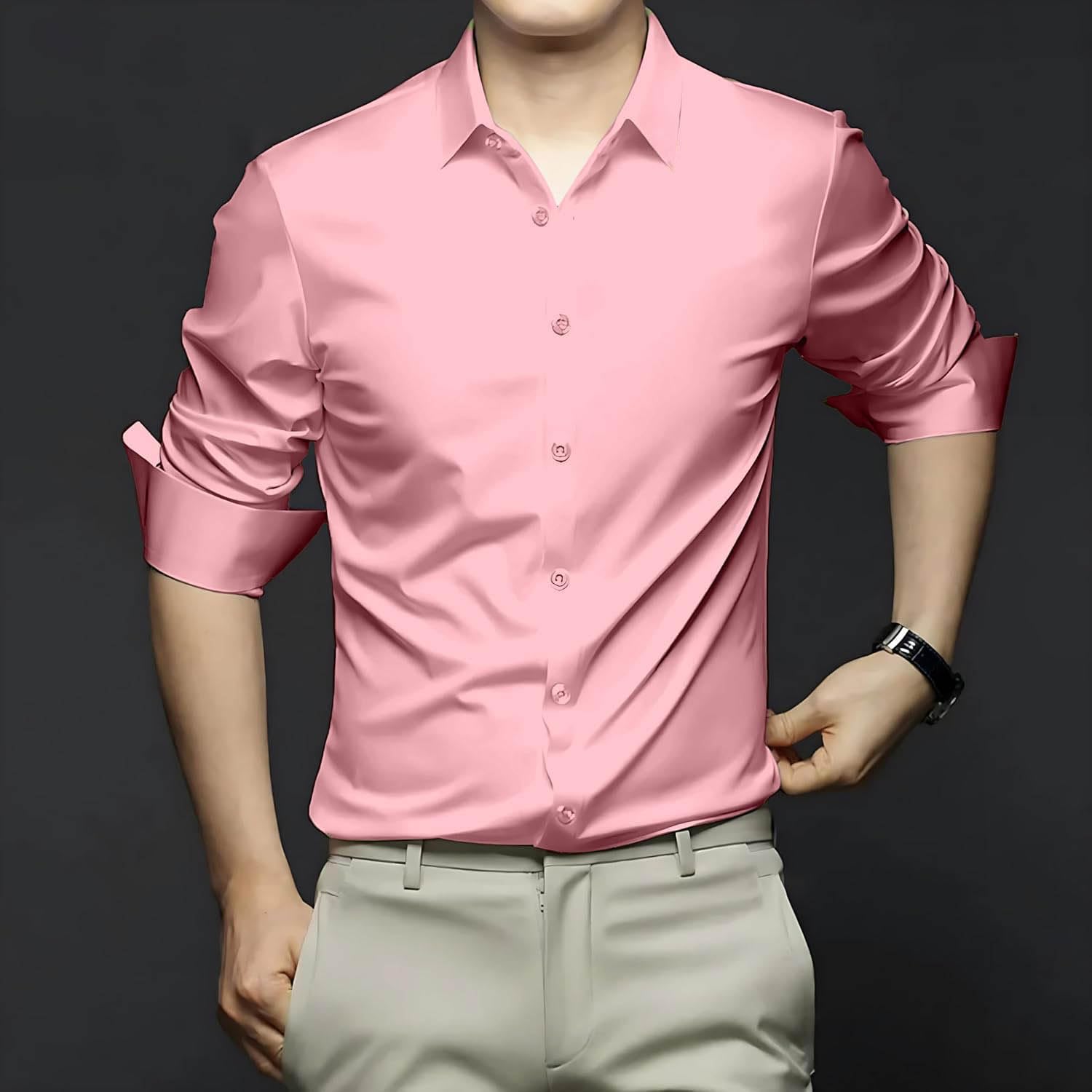 DEELMO Men's Stylish Solid Satin Casual Shirt for Men Full Sleeves| Poly Satin Silk Shirt Light Pink - Image 8