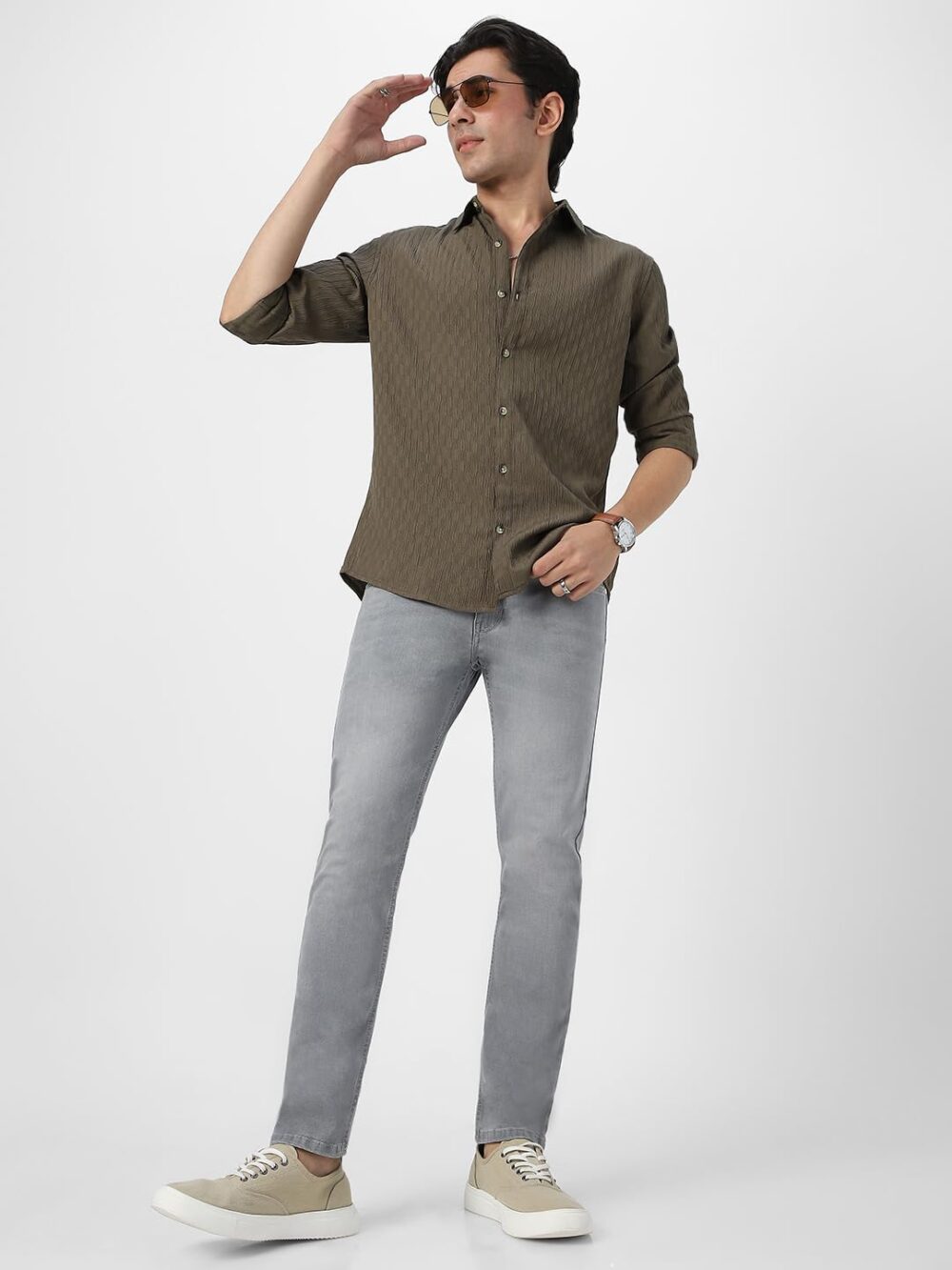 Urbano Fashion Men's Olive Green Cotton Full Sleeve Regular Fit Textured Shirt with Spread Collar (shirtsmocregfs-06-olive-xl) - Image 3