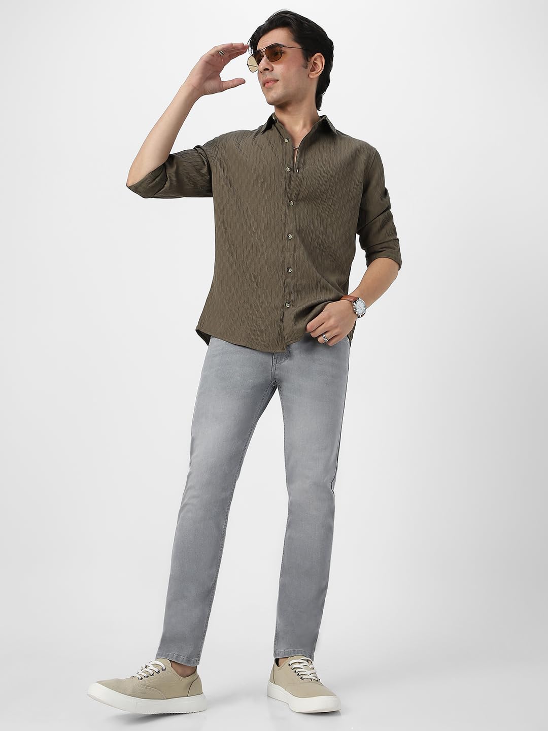 Urbano Fashion Men's Olive Green Cotton Full Sleeve Regular Fit Textured Shirt with Spread Collar (shirtsmocregfs-06-olive-xl) - Image 3
