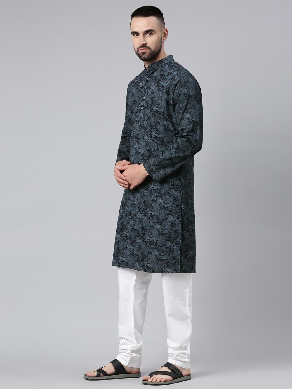 Majestic Man Cotton Mandarin Collar Ethnic Motifs Printed Regular Fit Long Kurta For Men (Large, Navy Blue) - Image 7