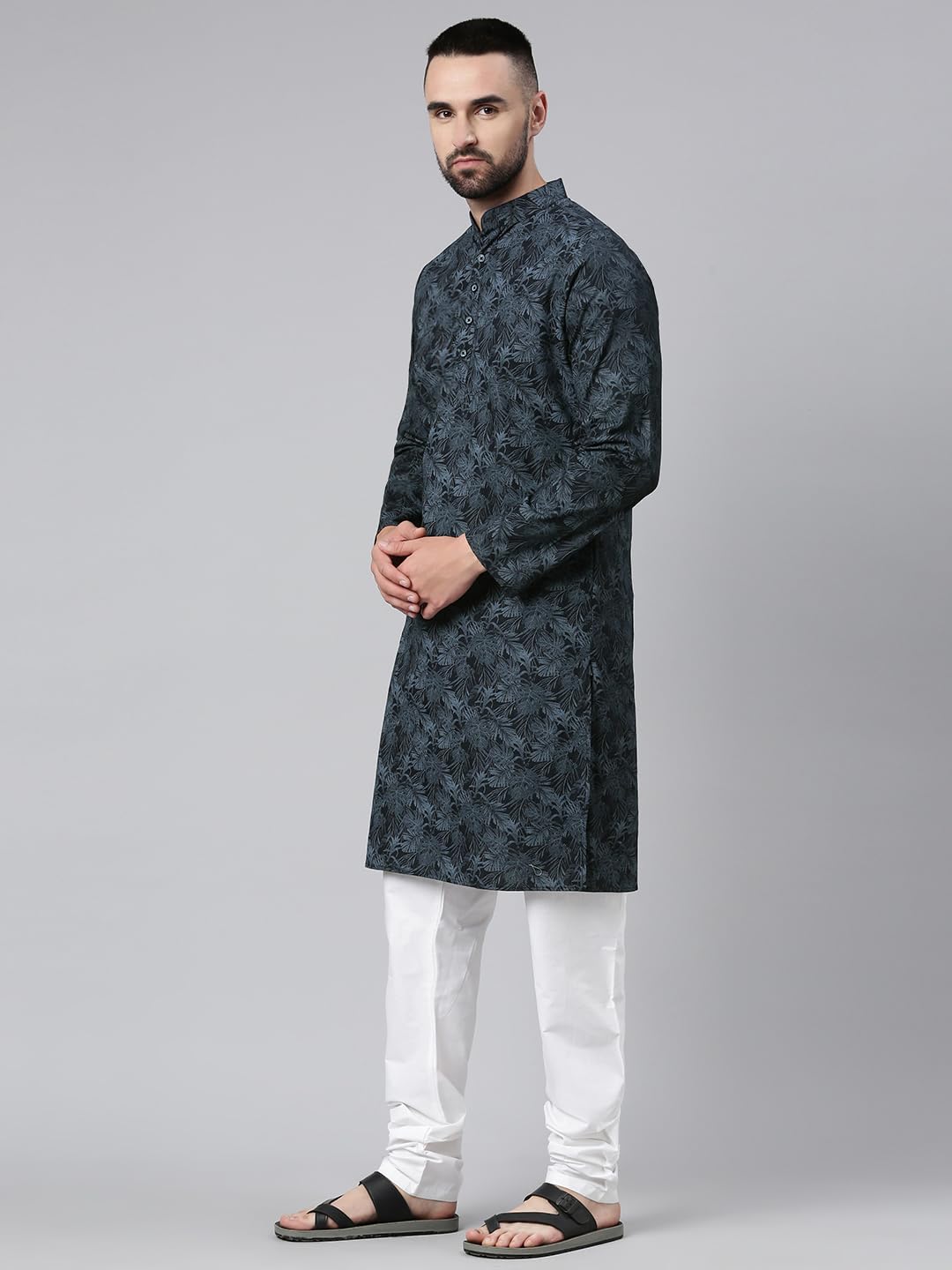 Majestic Man Cotton Mandarin Collar Ethnic Motifs Printed Regular Fit Long Kurta For Men (Large, Navy Blue) - Image 7