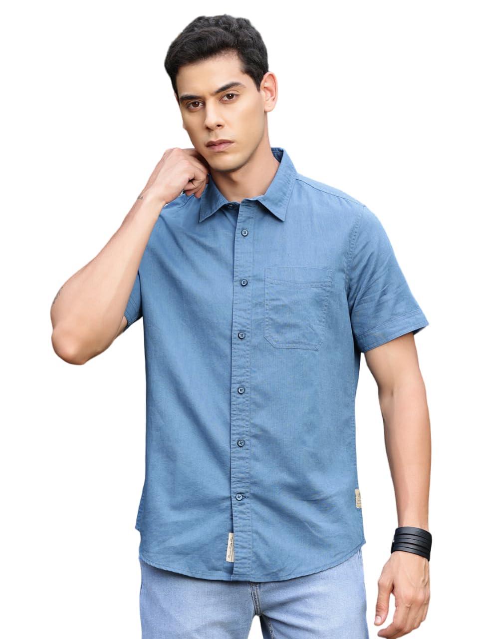 Thomas Scott Men's Half Sleeves Spread Collar Linen Casual Shirt (Dark Blue, XL)