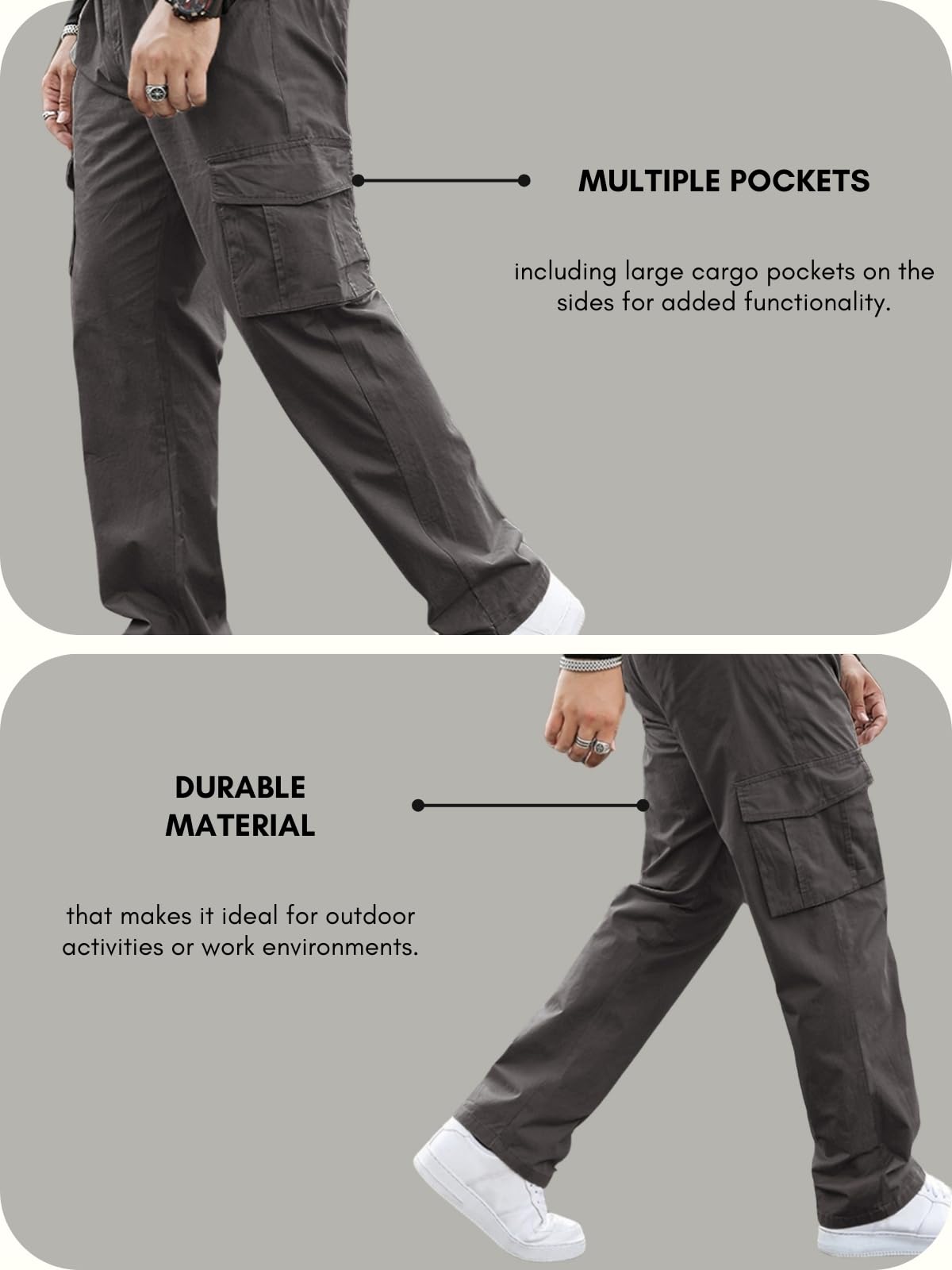 GRECIILOOKS Regular Fit Cotton Mid Rise Trousers Baggy Pants Cargos for Men (GL-TP-1049_Grey_Large) - Image 5