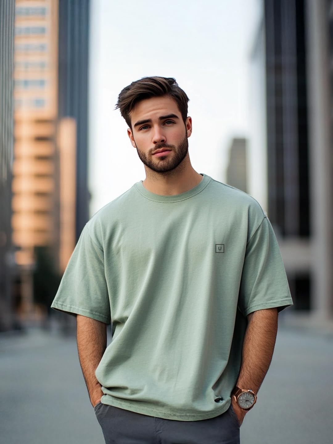 Urbano Fashion Men's Granite Green Solid Round Neck Oversized Half Sleeve Cotton T-Shirt (ovstsol-gtgrn-l) - Image 6