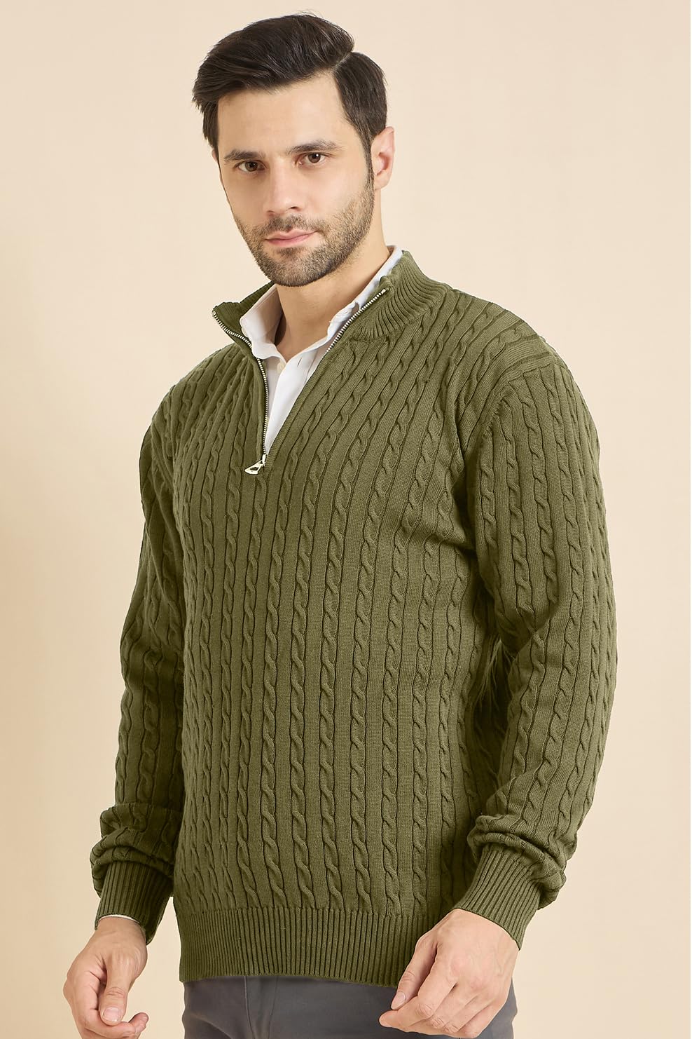 DZANT Wool Blend Sweaters for Men Winter | Premium | Zipper | Cable Knit Design | Full Sleeve | Olive Color | Turtle Neck | Sweaters for Men Zipper, Medium - Image 4