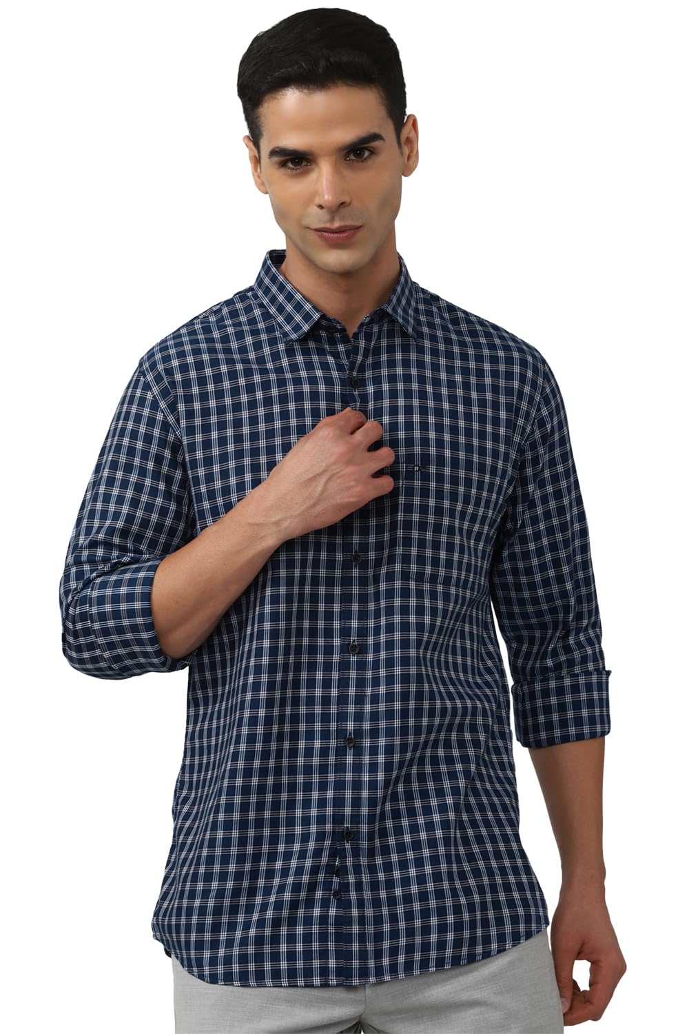 Peter England Men's Slim Fit Full Sleeve Checkered Casual Shirt | 100% Cotton | Premium Twill Weave Navy