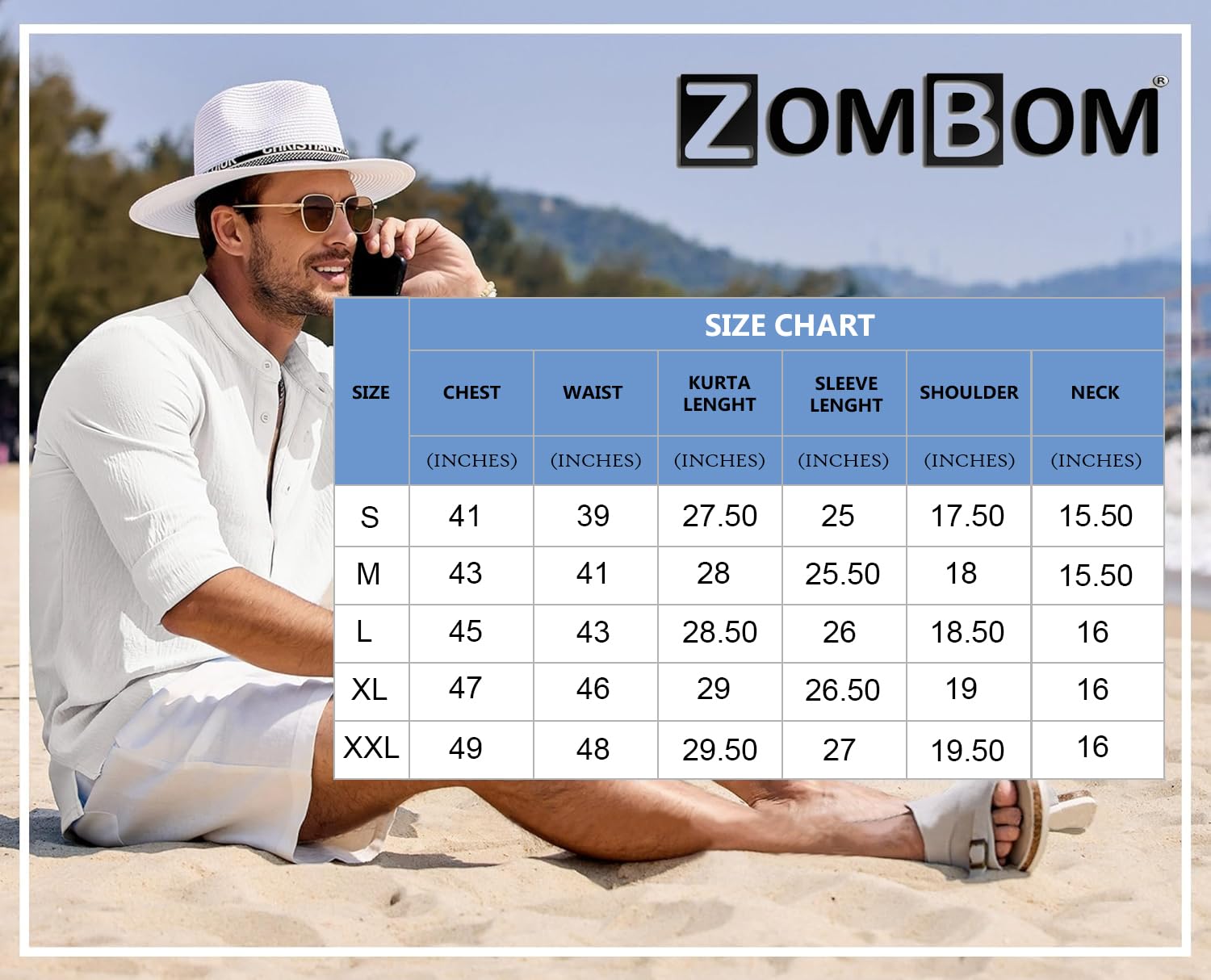 Zombom Cotton Blend Solid Casual Regular Fit Mandarin/Chinese Collor Short Kurta for Men Sky Blue - Image 2