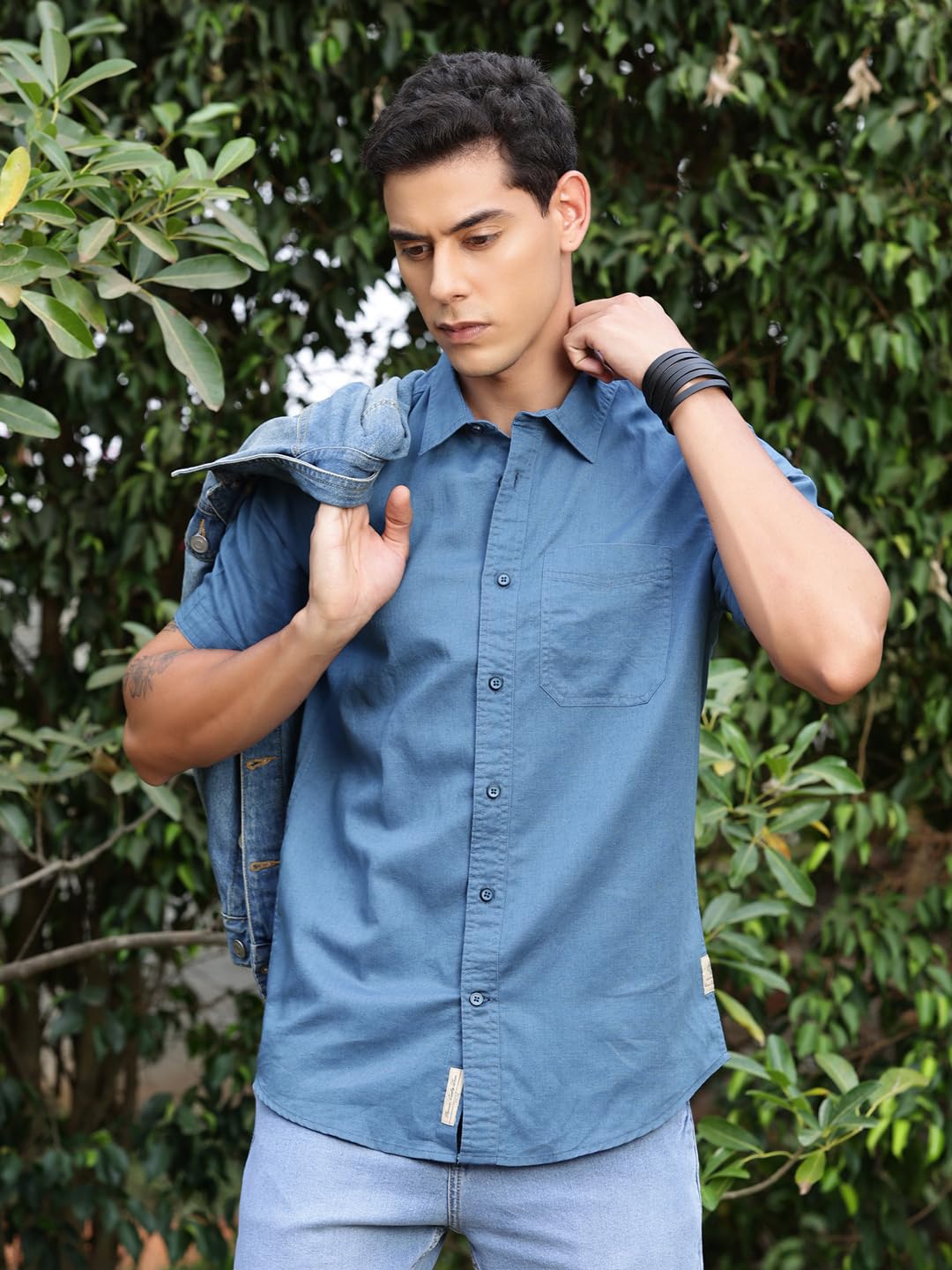 Thomas Scott Men's Half Sleeves Spread Collar Linen Casual Shirt (Dark Blue, XL) - Image 2