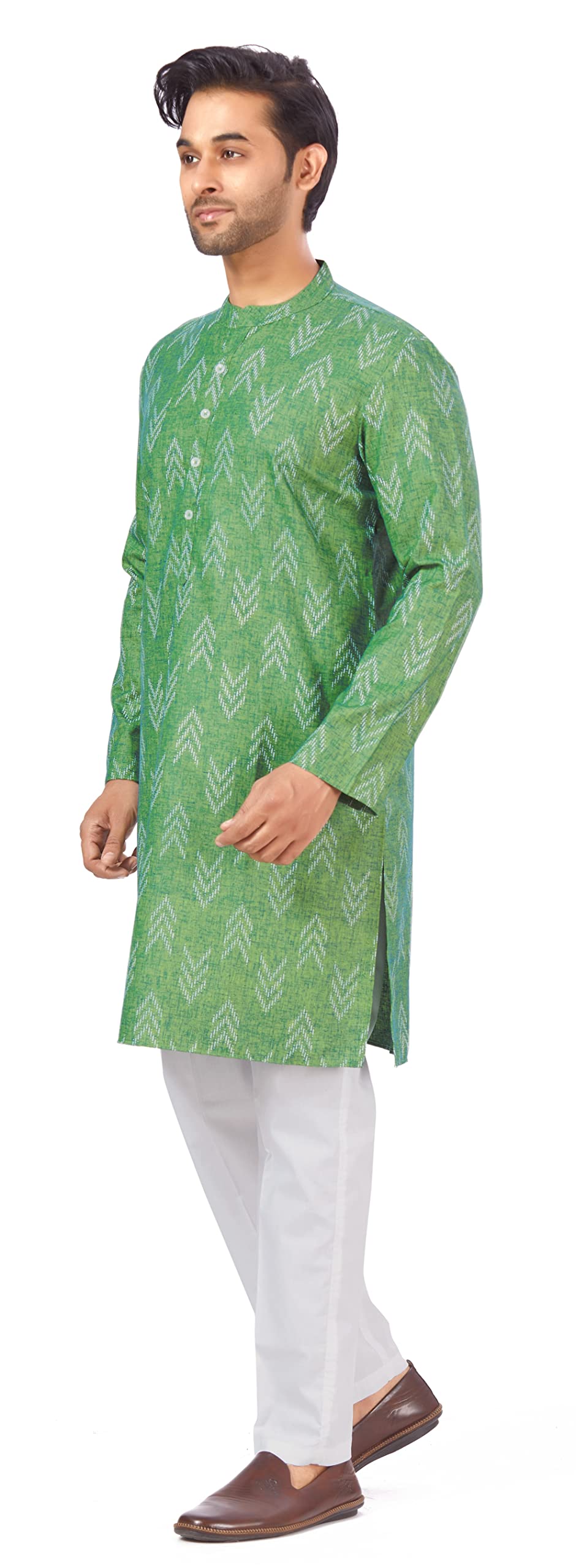 Studio Shringaar Men's Cotton Blend Relaxed Fit Ikat Printed Knee Length Kurta(M119, Green_Large) - Image 7