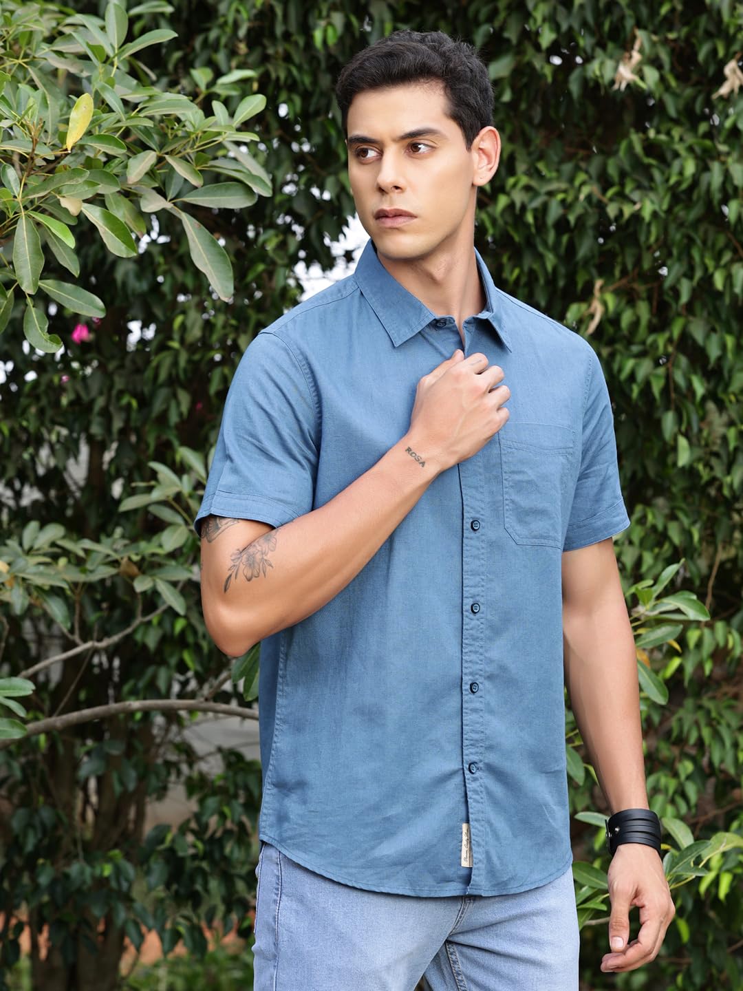 Thomas Scott Men's Half Sleeves Spread Collar Linen Casual Shirt (Dark Blue, XL) - Image 6