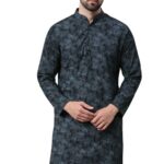 Majestic Man Cotton Mandarin Collar Ethnic Motifs Printed Regular Fit Long Kurta For Men (Large, Navy Blue)