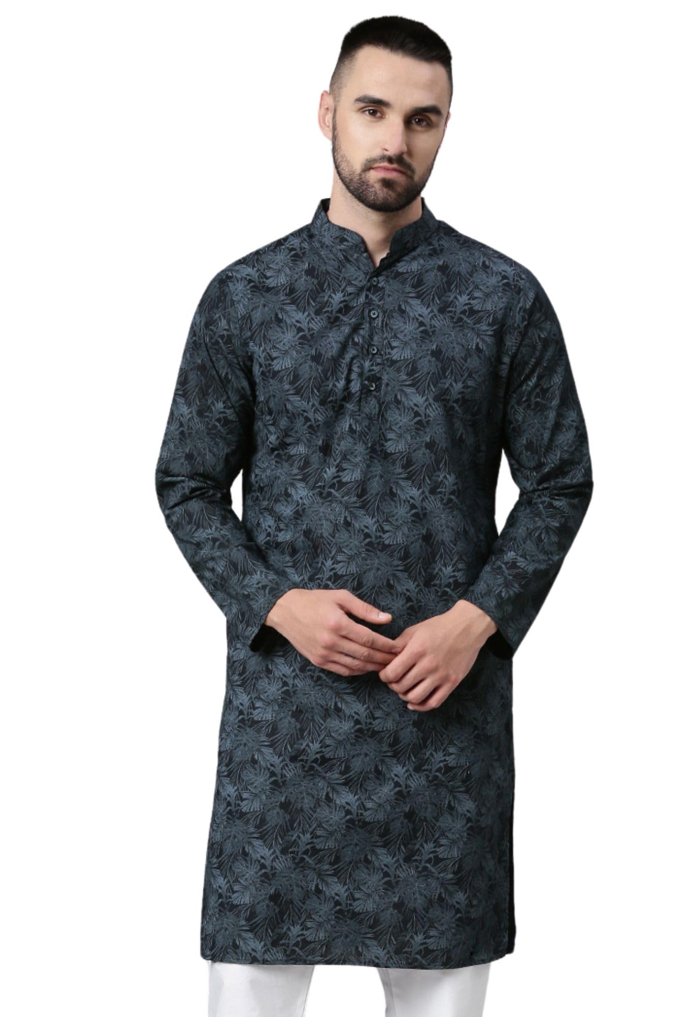Majestic Man Cotton Mandarin Collar Ethnic Motifs Printed Regular Fit Long Kurta For Men (Large, Navy Blue)