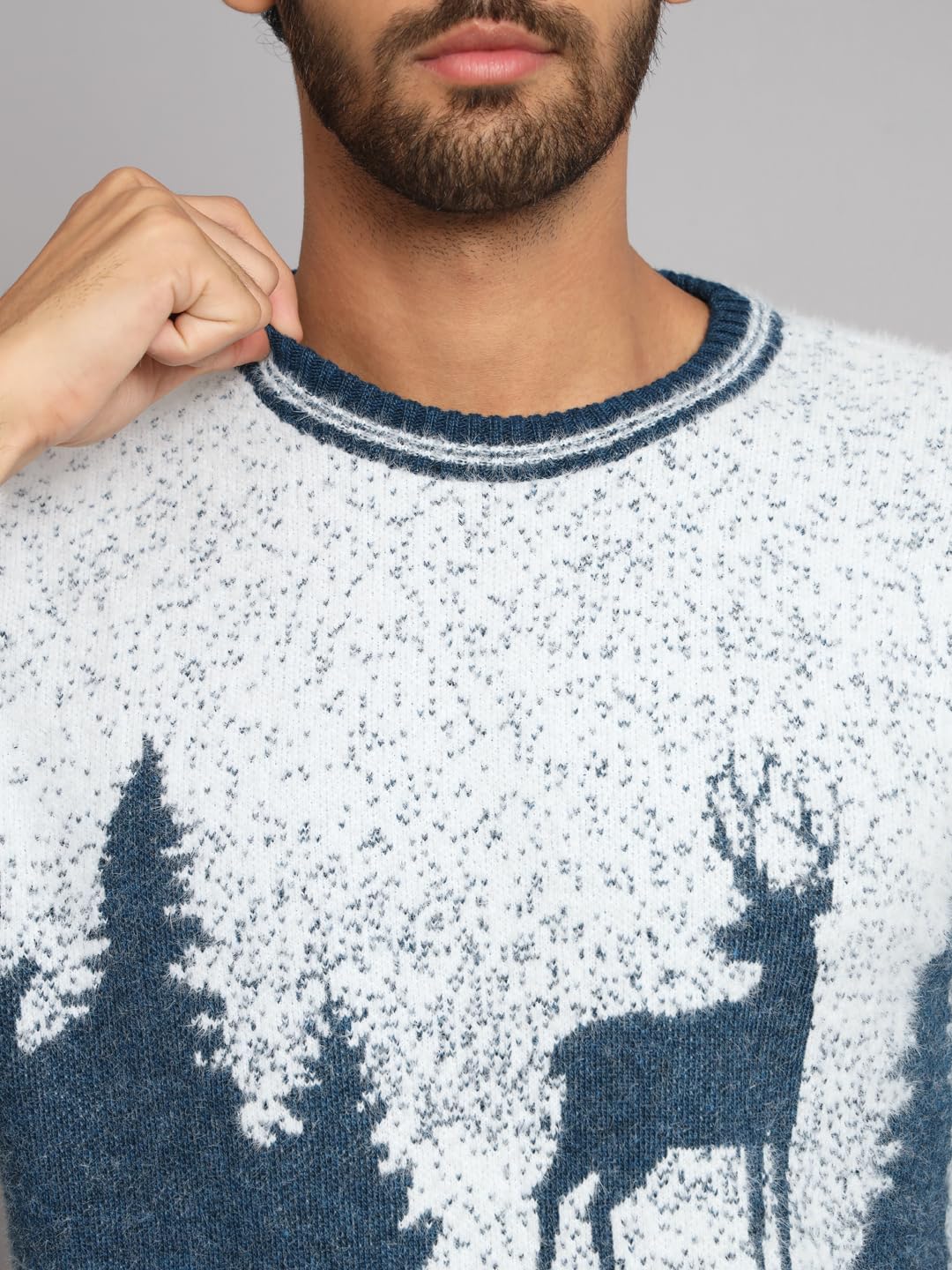 eWools Men's Winterwear Woolen Animal Print Round Neck Cardigans Sweaters (Blue, 2XL) - Image 3