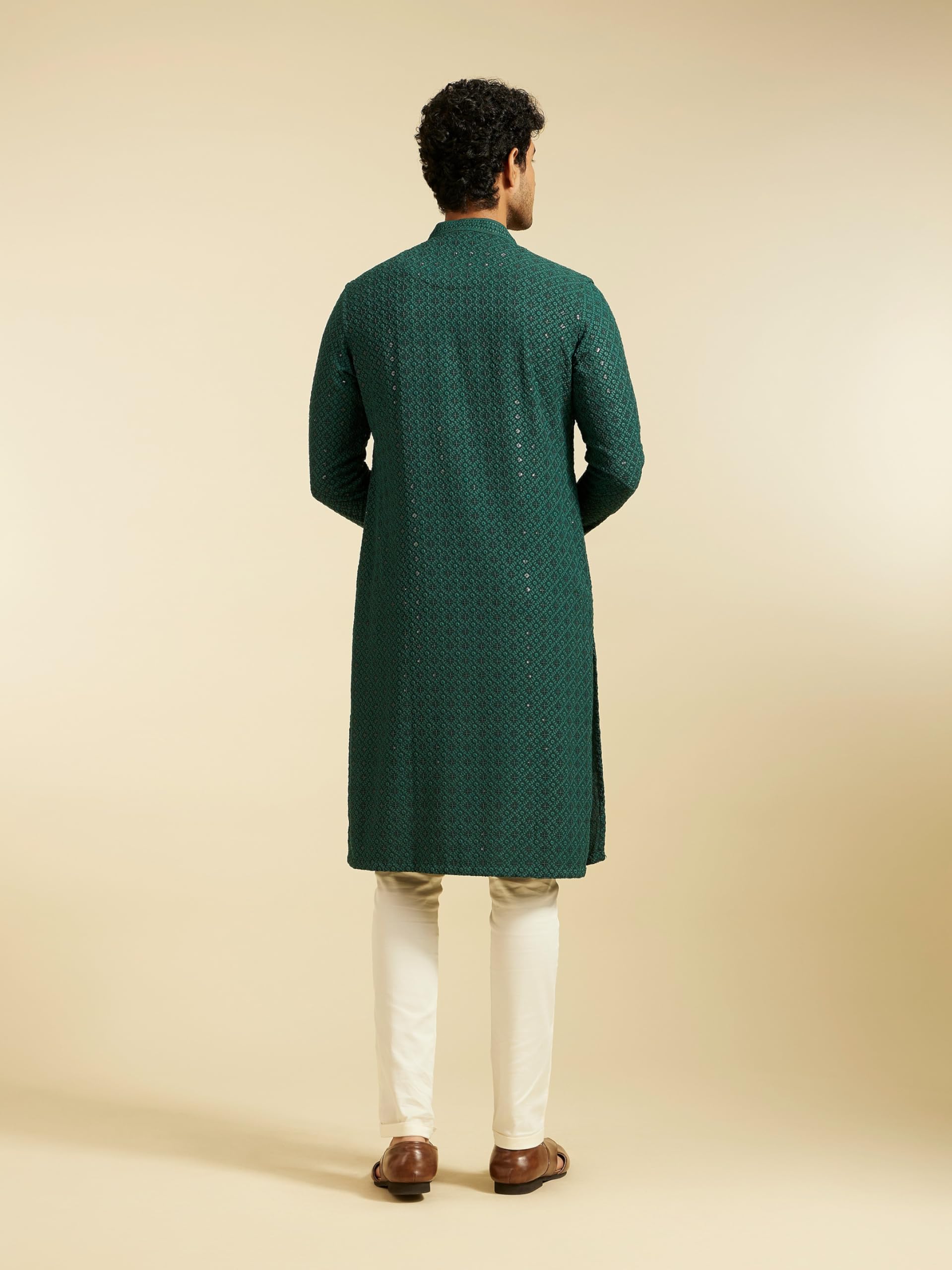 DIWAS BY MANYAVAR Men's Viscose Embroidery|Sequin Work Kurta (Dark Green,L) - Image 3