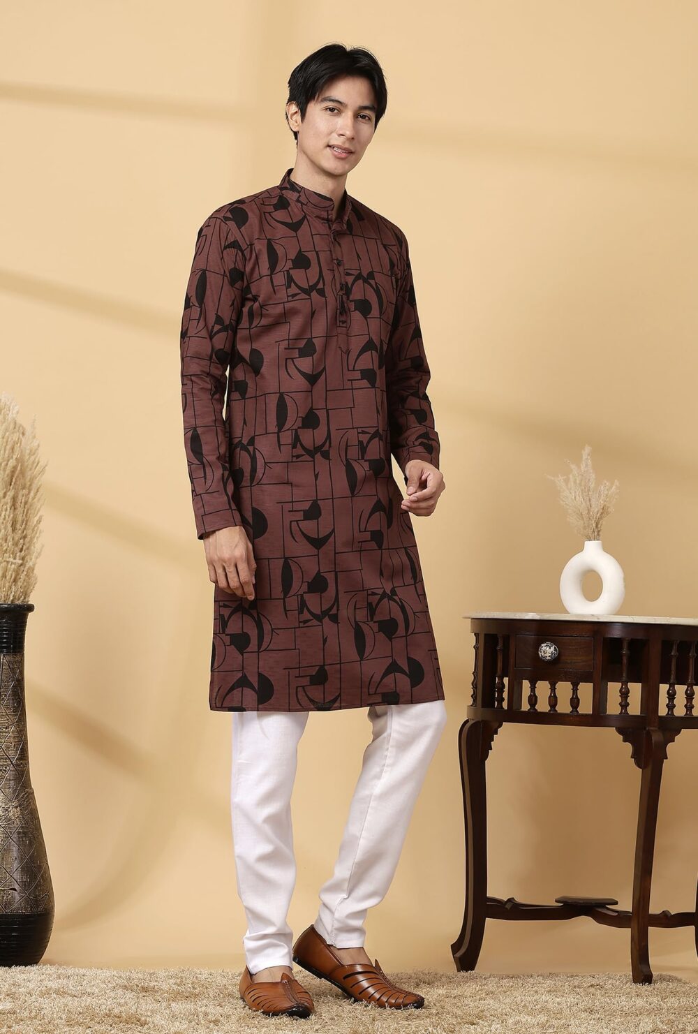 Majestic Man Men Cotton Regular Fit Mandarin Collar Ethnic Motifs Printed Kurta (Dusty Wine, X-Large) - Image 6
