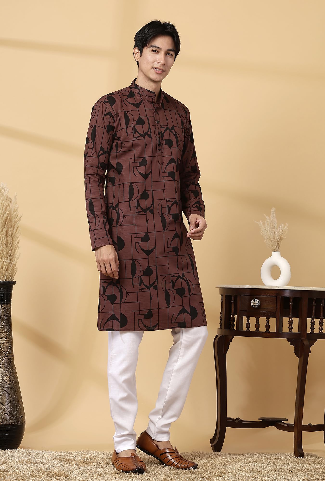 Majestic Man Men Cotton Regular Fit Mandarin Collar Ethnic Motifs Printed Kurta (Dusty Wine, X-Large) - Image 6