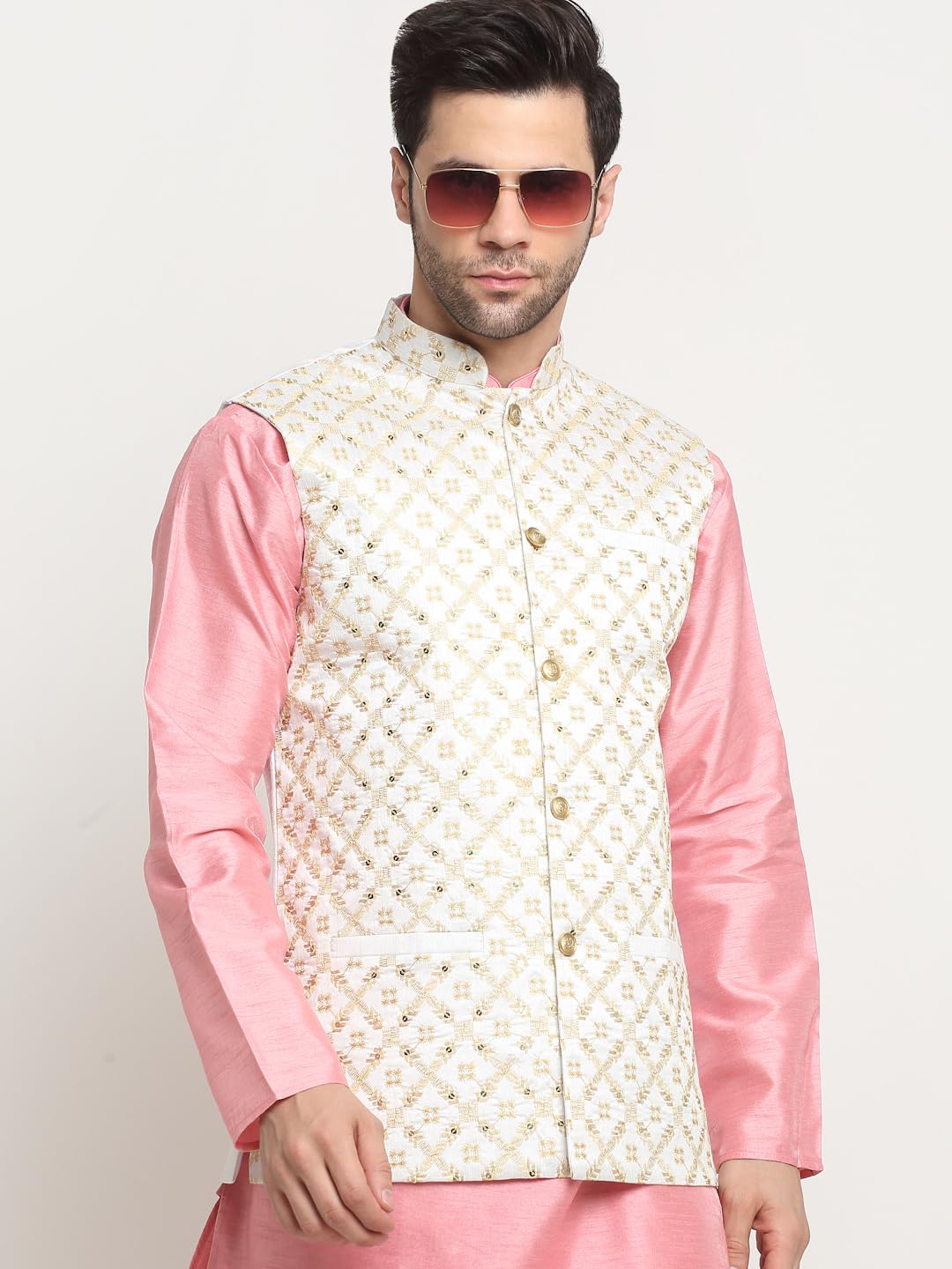 KRAFT INDIA Men's Silk Embroided Zari Cream Nehru Jacket Only - Image 5